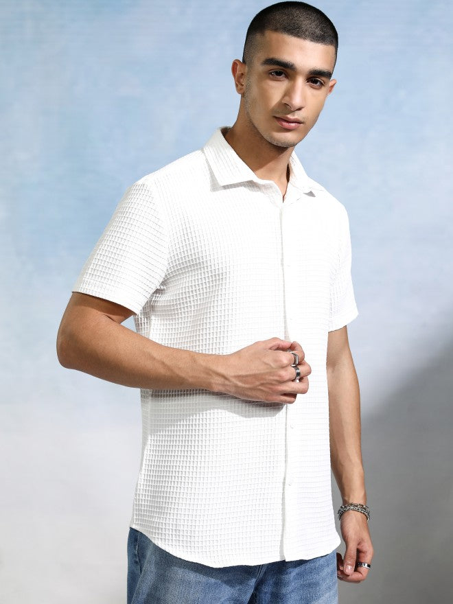 Highlander Men White Textured Slim Fit Casual Shirt - White - Image 6