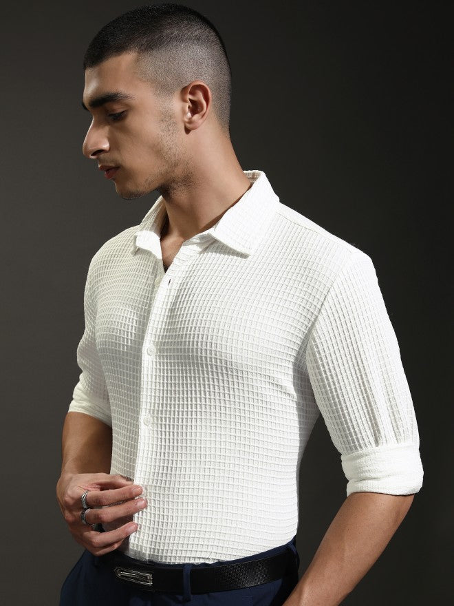 Highlander Men White Textured Slim Fit Casual Shirt - White - Image 4