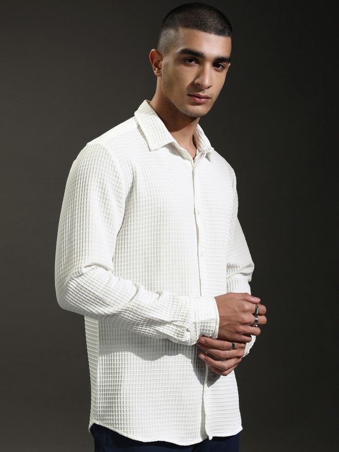 Highlander Men White Textured Slim Fit Casual Shirt - White - Image 6