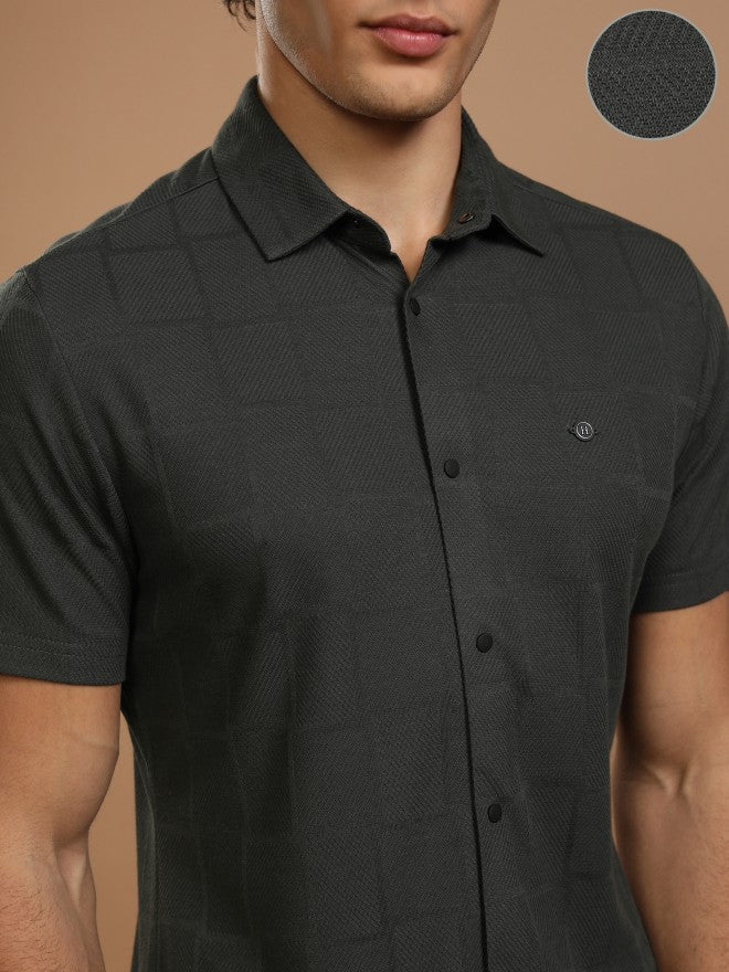 Highlander Men Grey Self Design Slim Fit Casual Shirt - Grey - Image 5