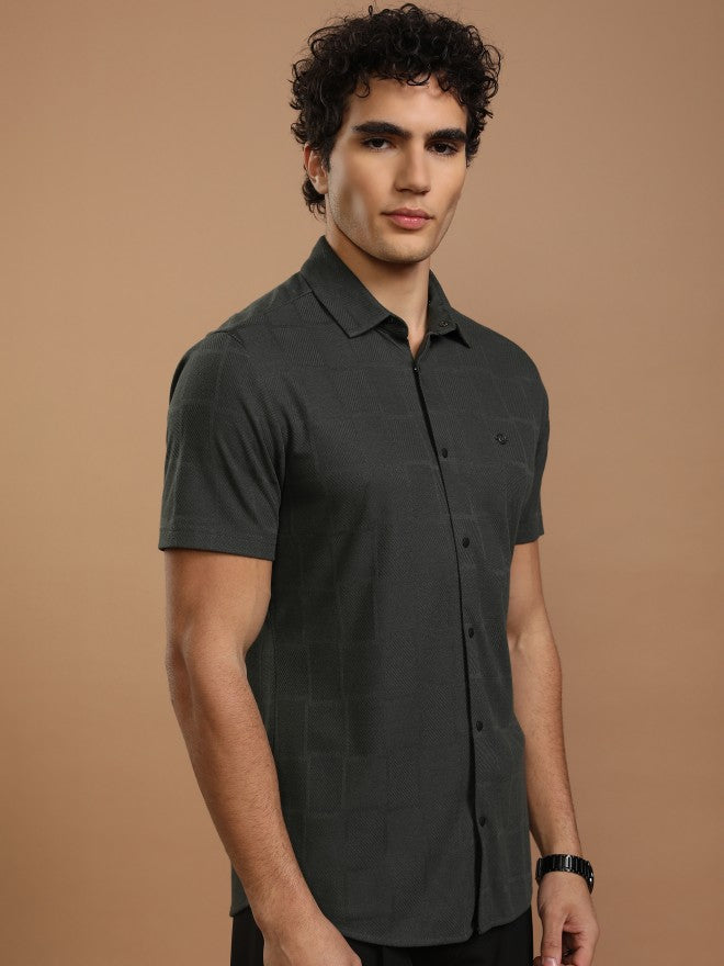 Highlander Men Grey Self Design Slim Fit Casual Shirt - Grey - Image 6