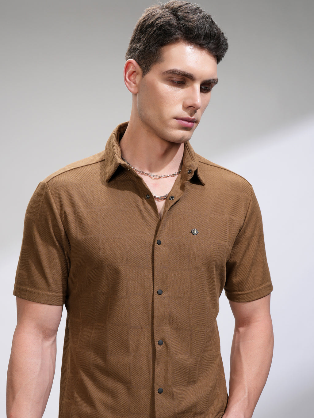 Highlander Men Brown Textured Slim Fit Casual Shirt - Brown - Image 1