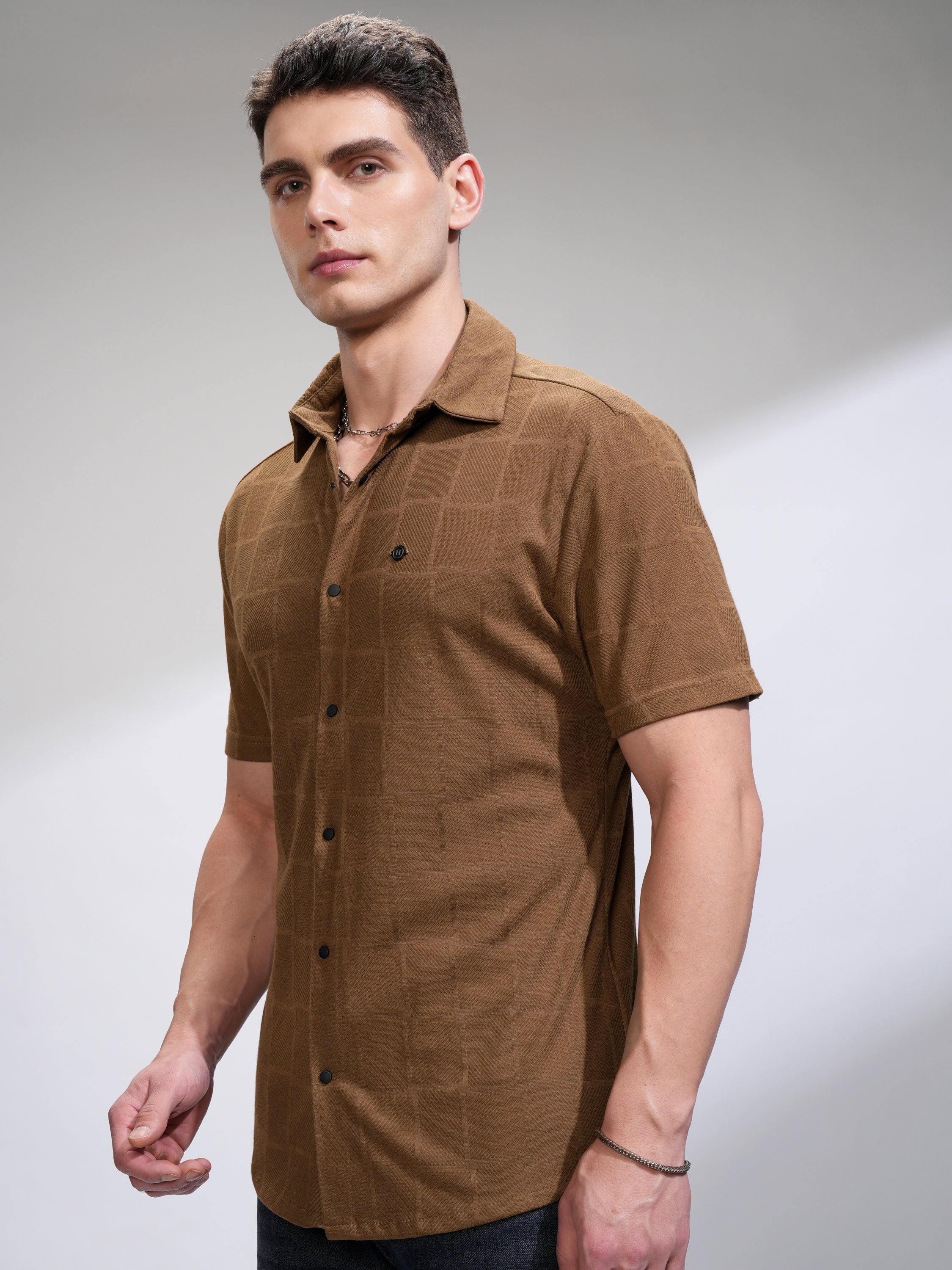 Highlander Men Brown Textured Slim Fit Casual Shirt - Brown - Image 4
