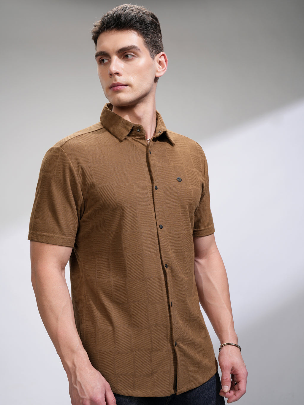 Highlander Men Brown Textured Slim Fit Casual Shirt - Brown - Image 6