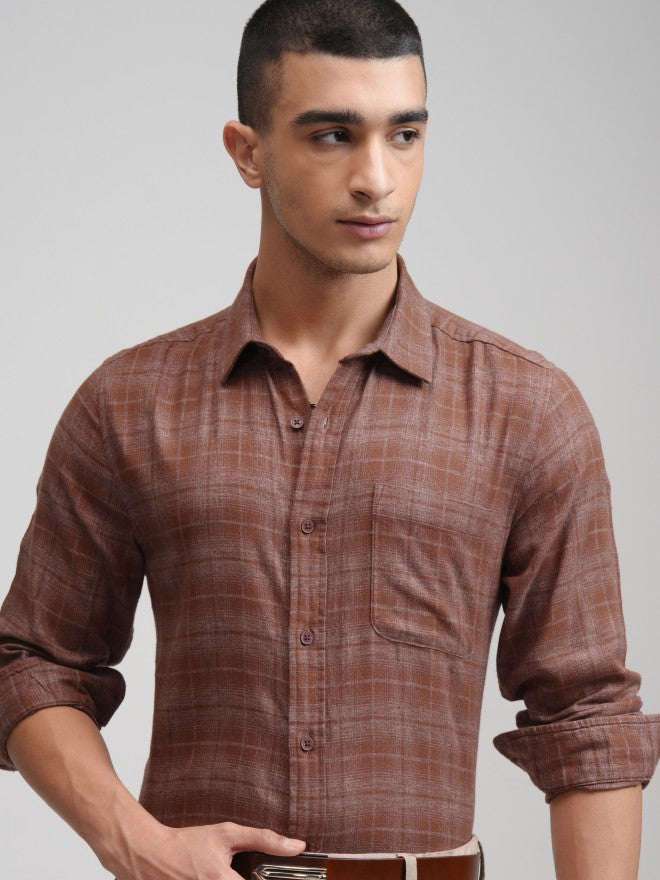 Highlander Men Rust Checked Slim Fit Casual Shirt - Rust - Image 1