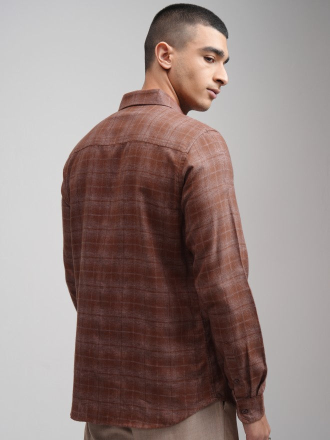 Highlander Men Rust Checked Slim Fit Casual Shirt - Rust - Image 3