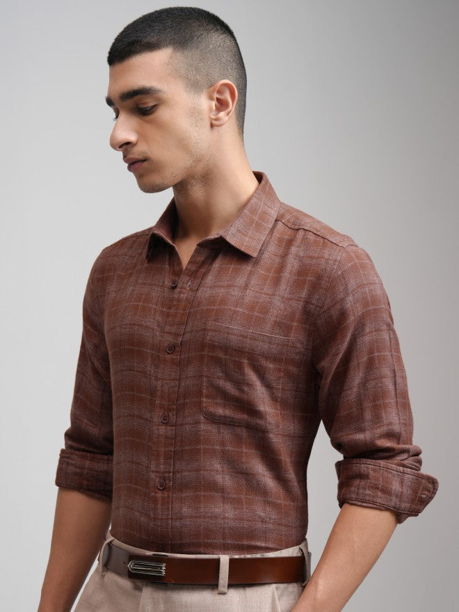 Highlander Men Rust Checked Slim Fit Casual Shirt - Rust - Image 4
