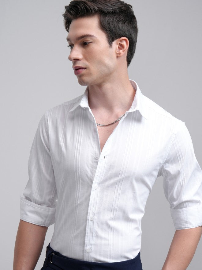 Highlander Men White Striped Slim Fit Casual Shirt - White - Image 1