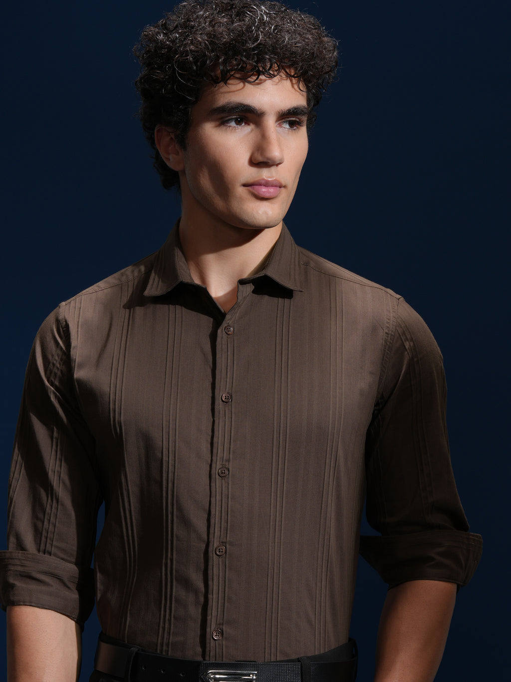 Highlander Men Brown Striped Slim Fit Casual Shirt - Brown - Image 1