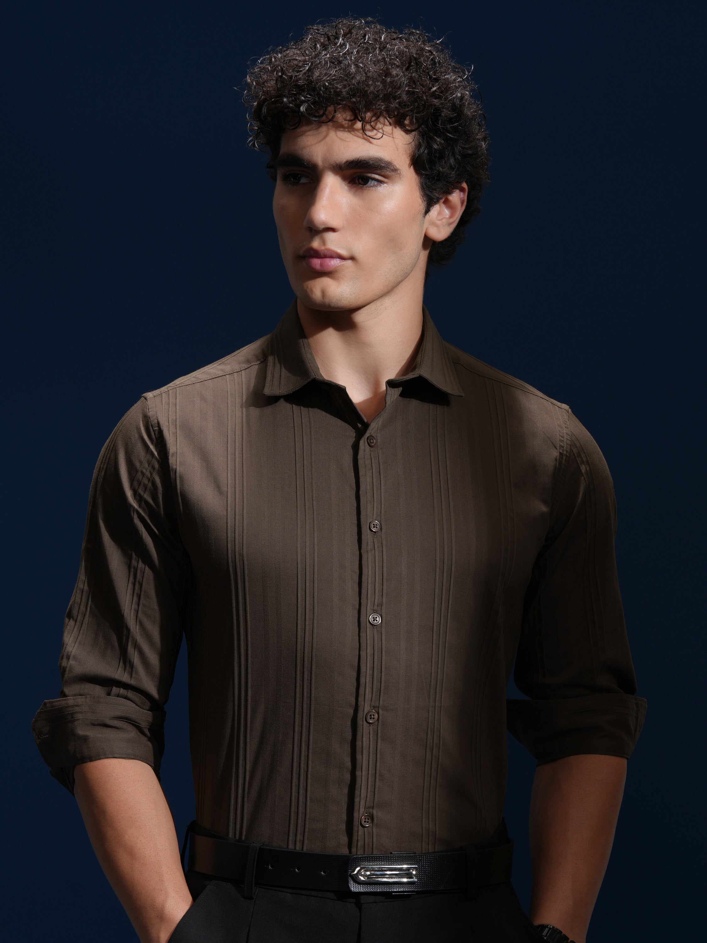 Highlander Men Brown Striped Slim Fit Casual Shirt - Brown - Image 6