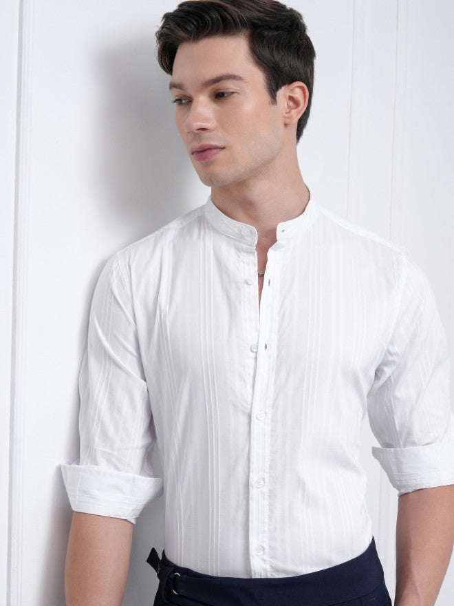 Highlander Men White Striped Slim Fit Casual Shirt - White - Image 1