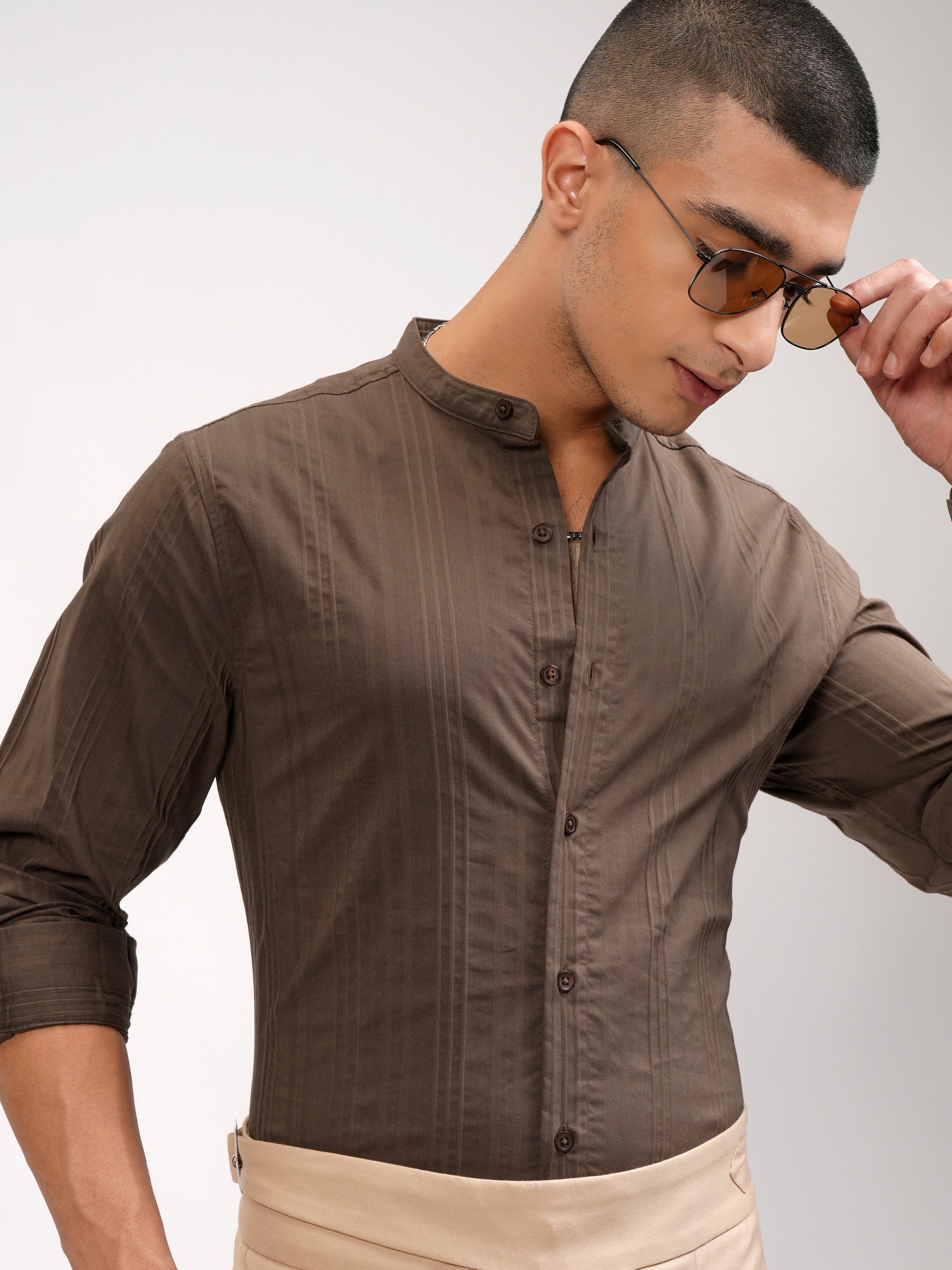 Highlander Men Brown Striped Slim Fit Casual Shirt - Brown - Image 1