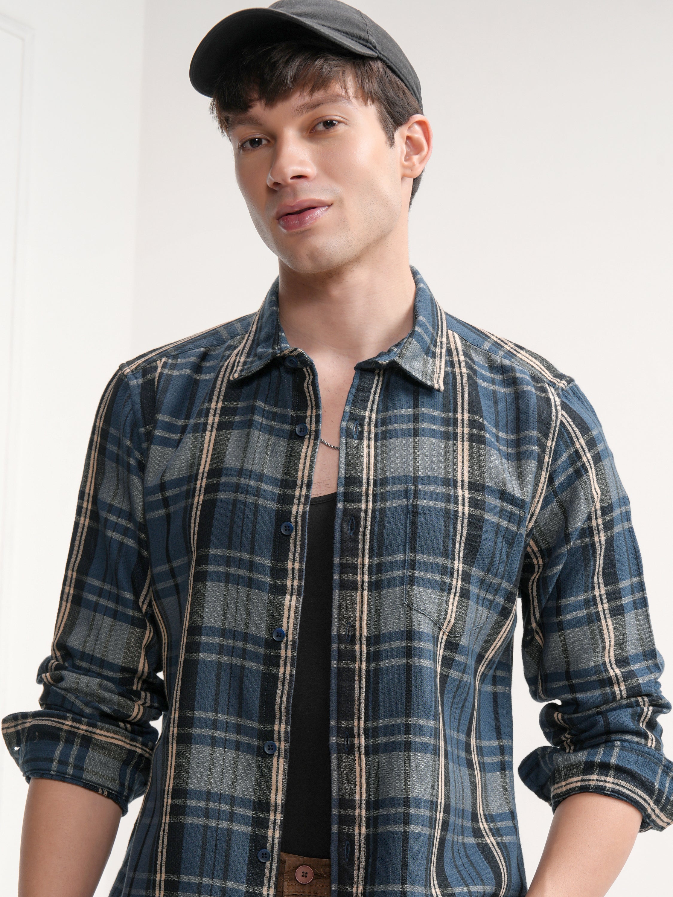 Highlander Men Blue Checked Relaxed Fit Casual Shirt - Blue - Image 1
