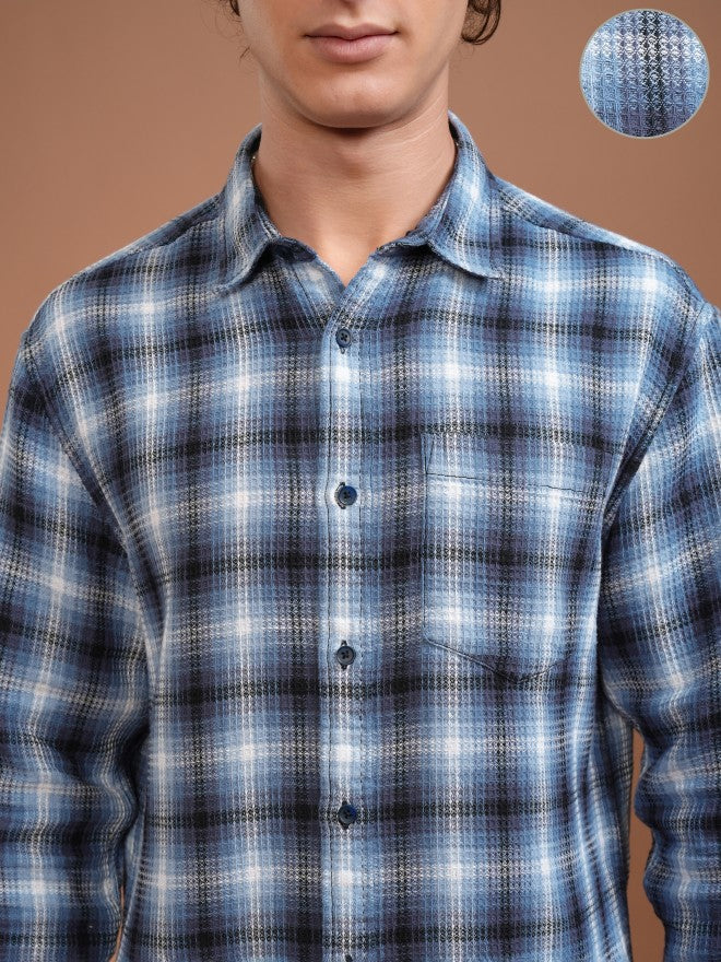 Highlander Men Blue Checked Relaxed Fit Casual Shirt - Blue - Image 5