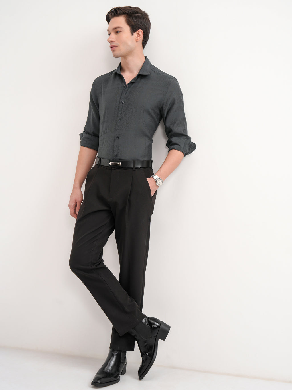 Highlander Men Charcoal Printed Slim Fit Casual Shirt - Charcoal - Image 2