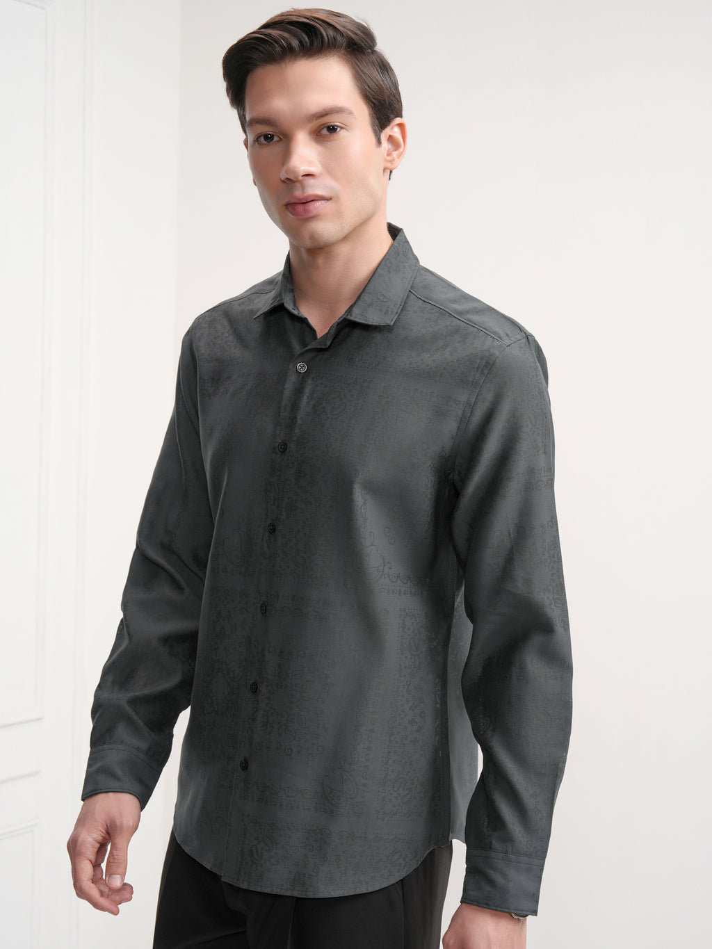Highlander Men Charcoal Printed Slim Fit Casual Shirt - Charcoal - Image 4