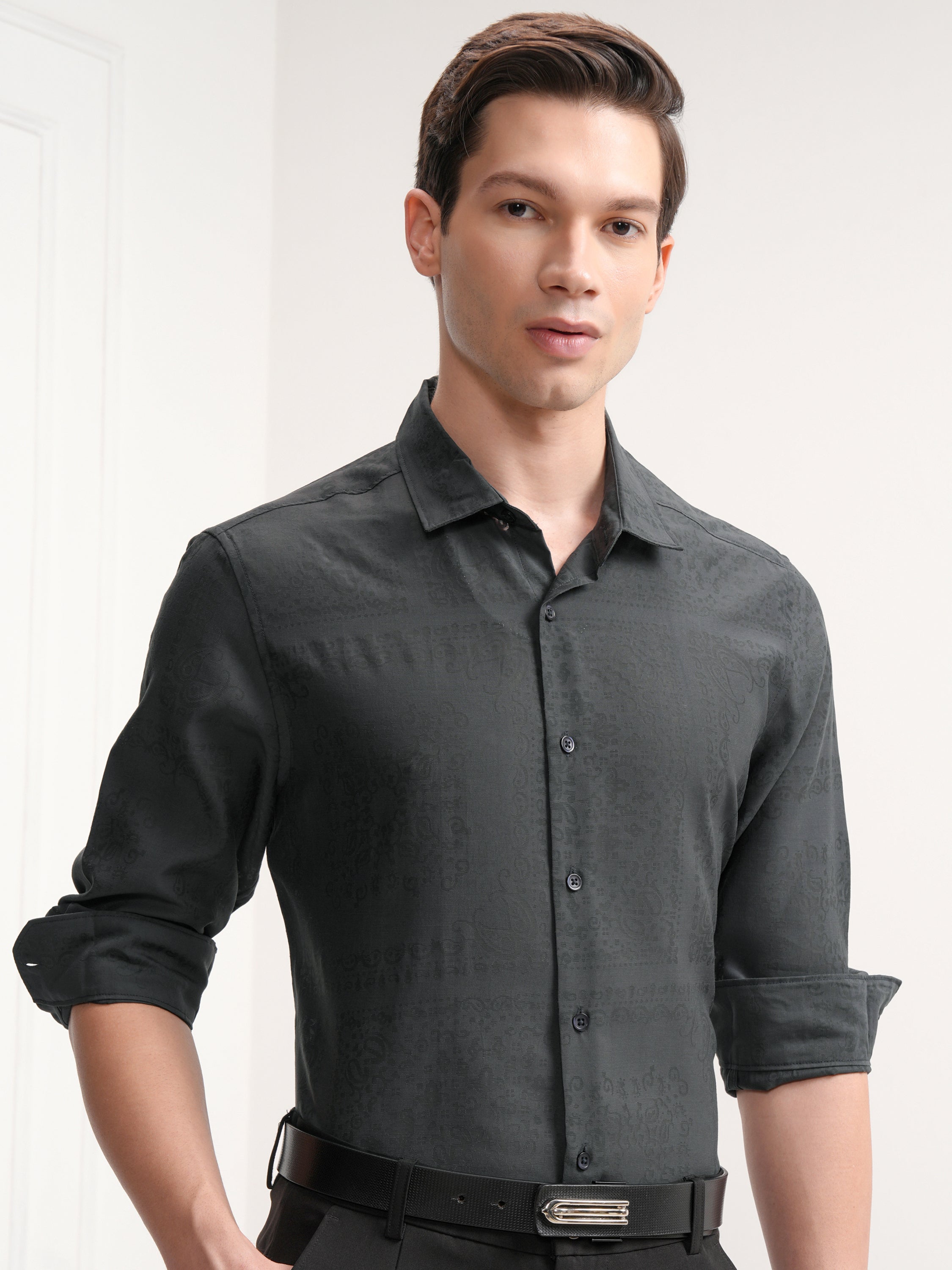 Highlander Men Charcoal Printed Slim Fit Casual Shirt - Charcoal - Image 6