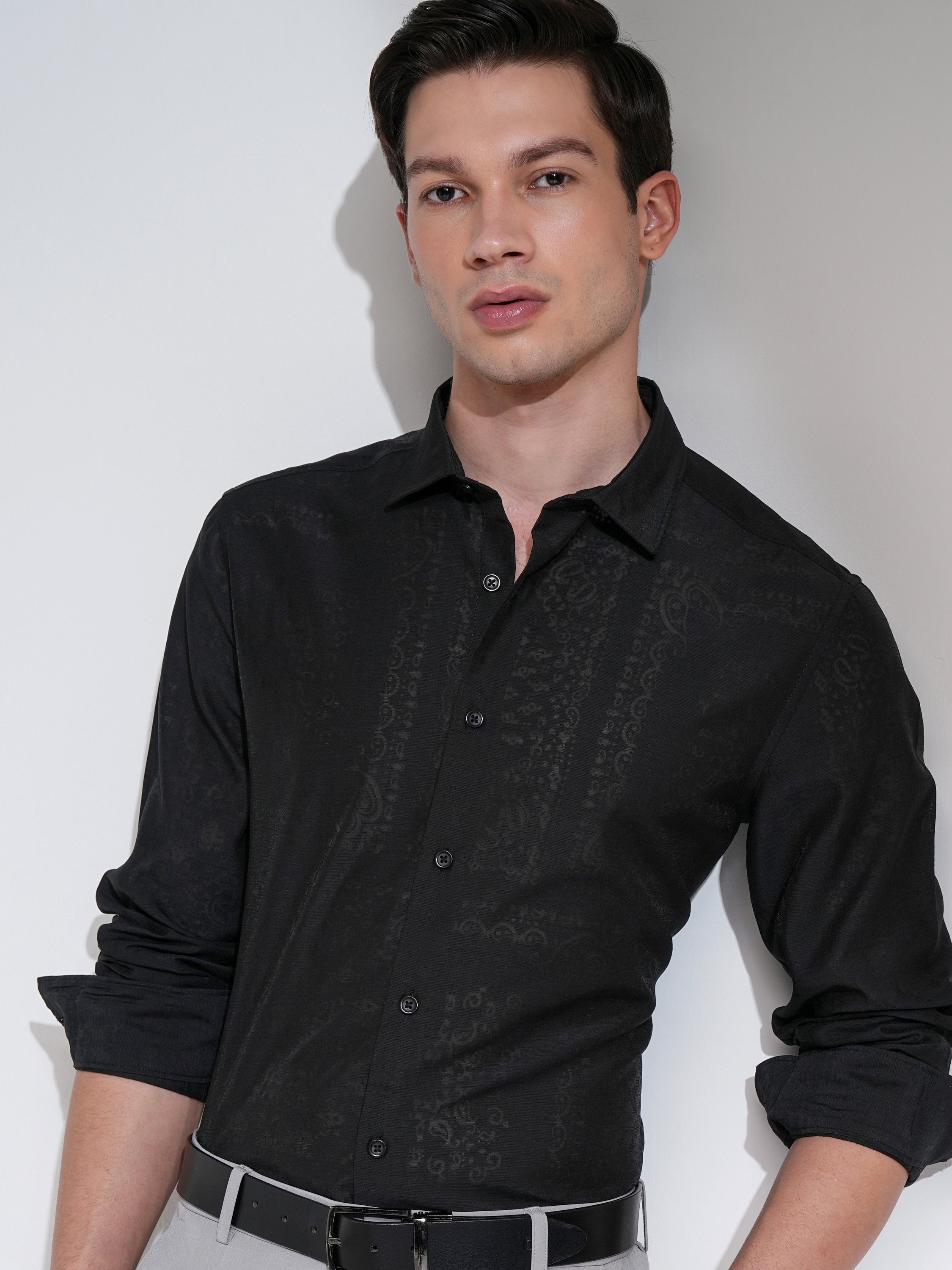 Highlander Men Black Self Design Slim Fit Casual Shirt - Black - Image 1