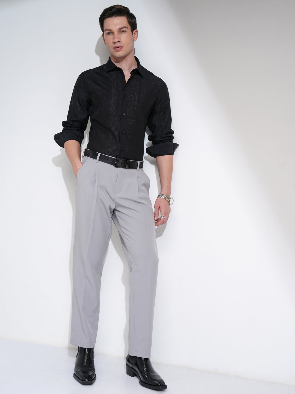 Highlander Men Black Self Design Slim Fit Casual Shirt - Black - Image 2
