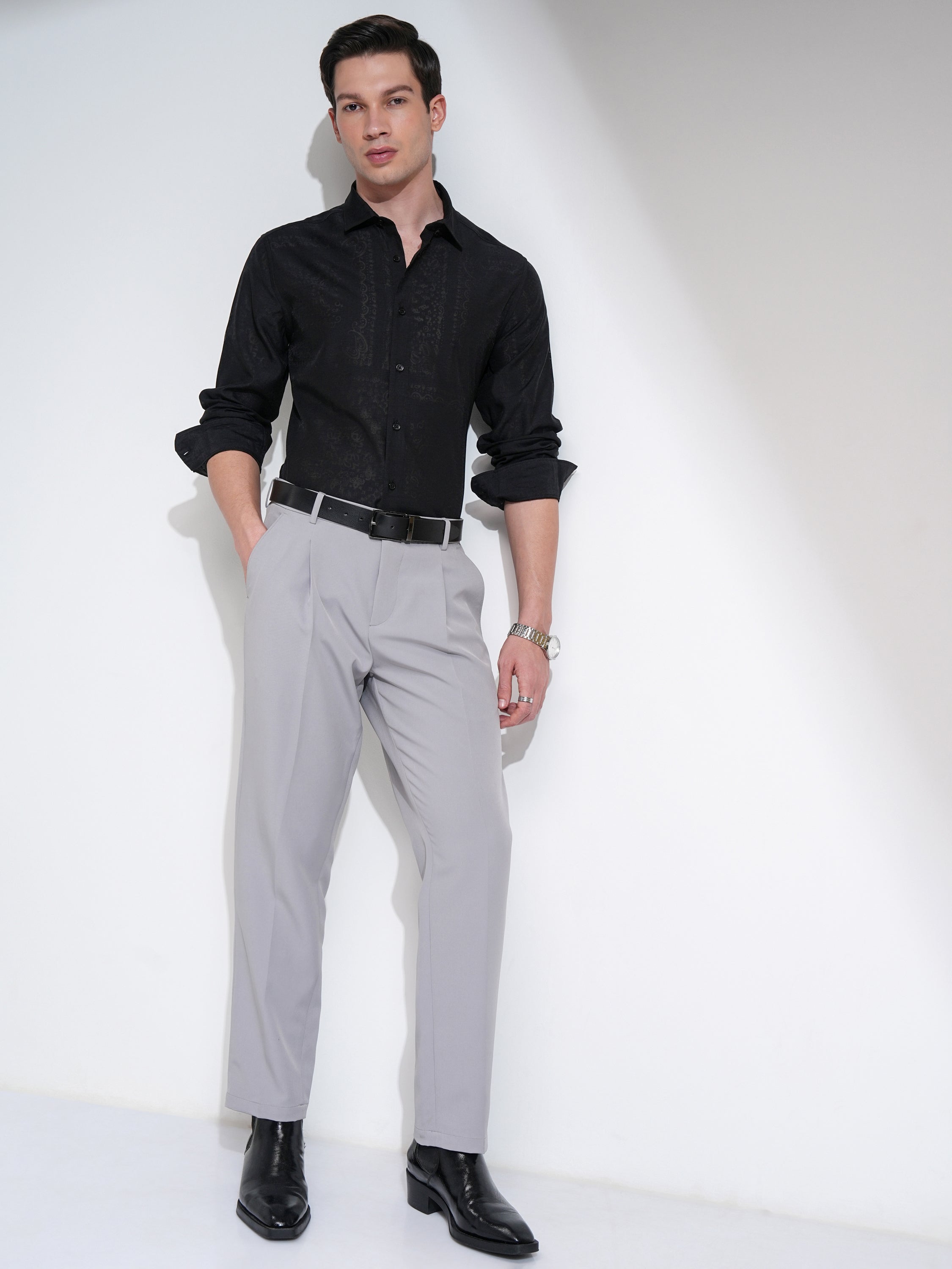 Highlander Men Black Self Design Slim Fit Casual Shirt - Black - Image 2