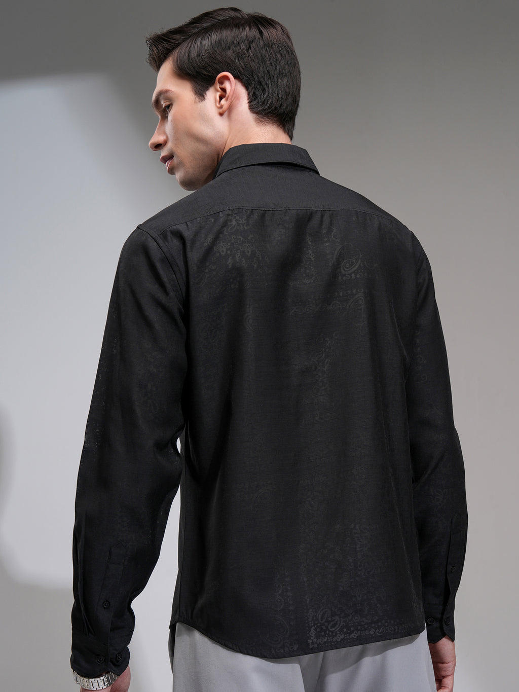 Highlander Men Black Self Design Slim Fit Casual Shirt - Black - Image 3