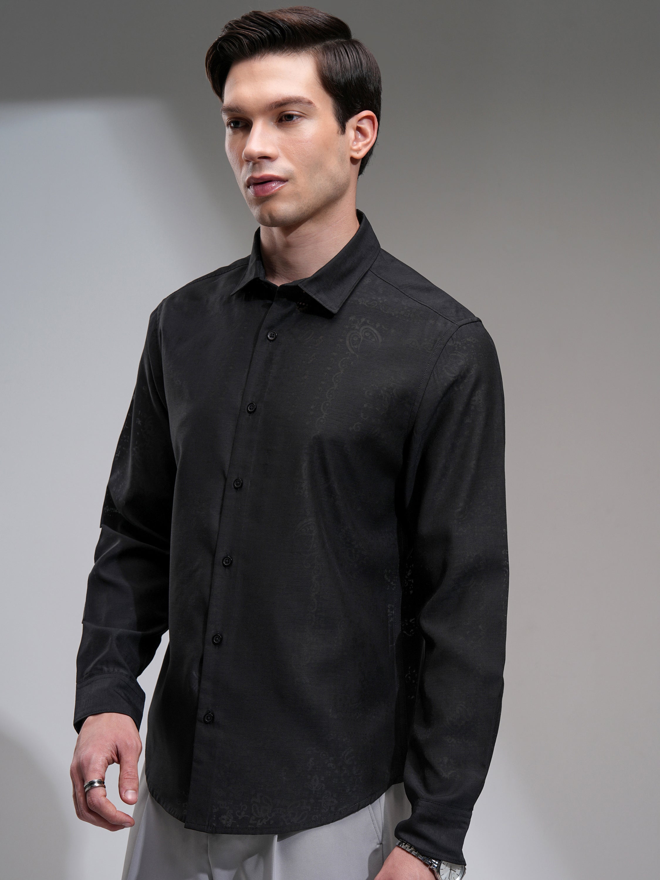 Highlander Men Black Self Design Slim Fit Casual Shirt - Black - Image 4