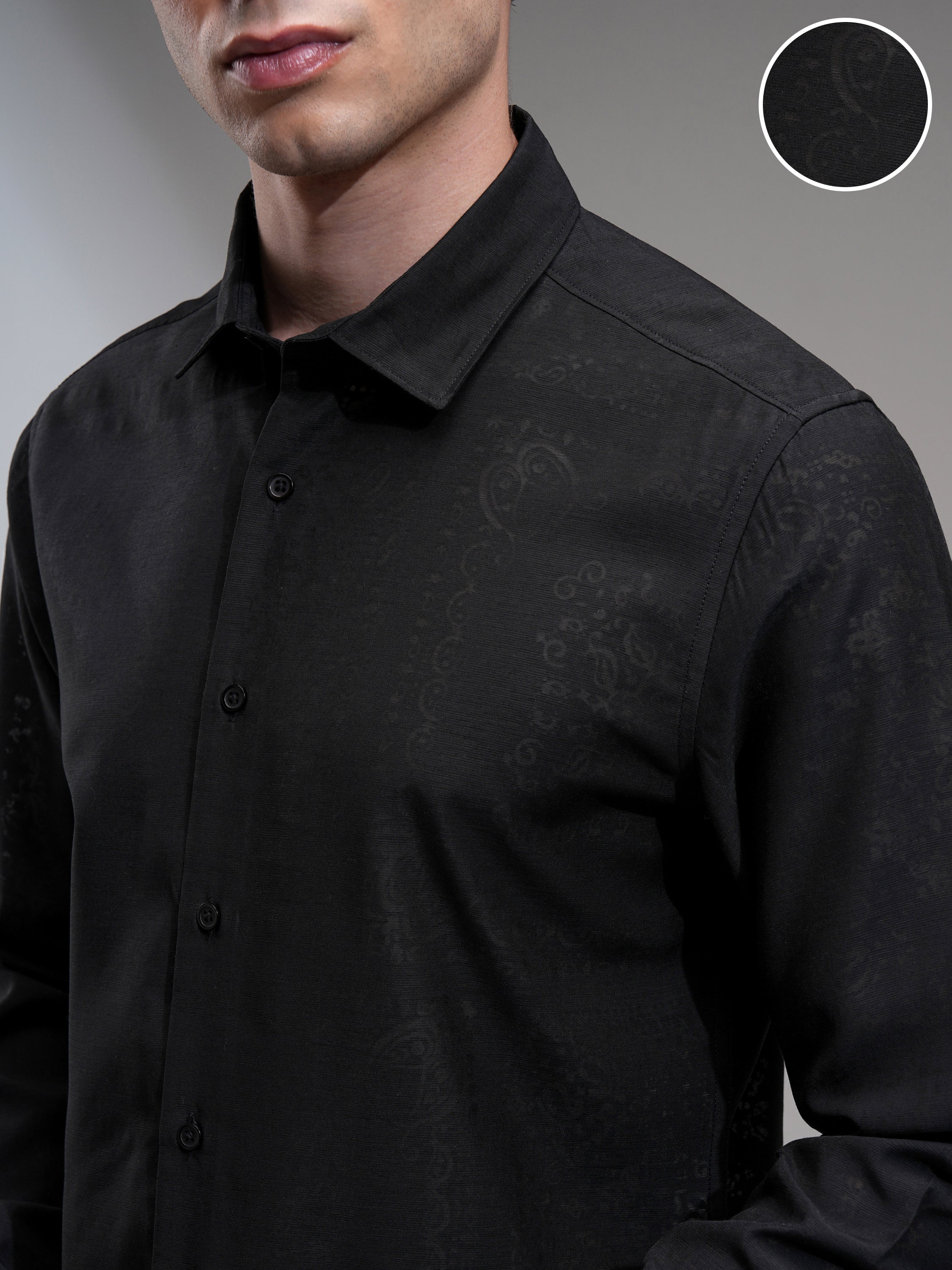Highlander Men Black Self Design Slim Fit Casual Shirt - Black - Image 5