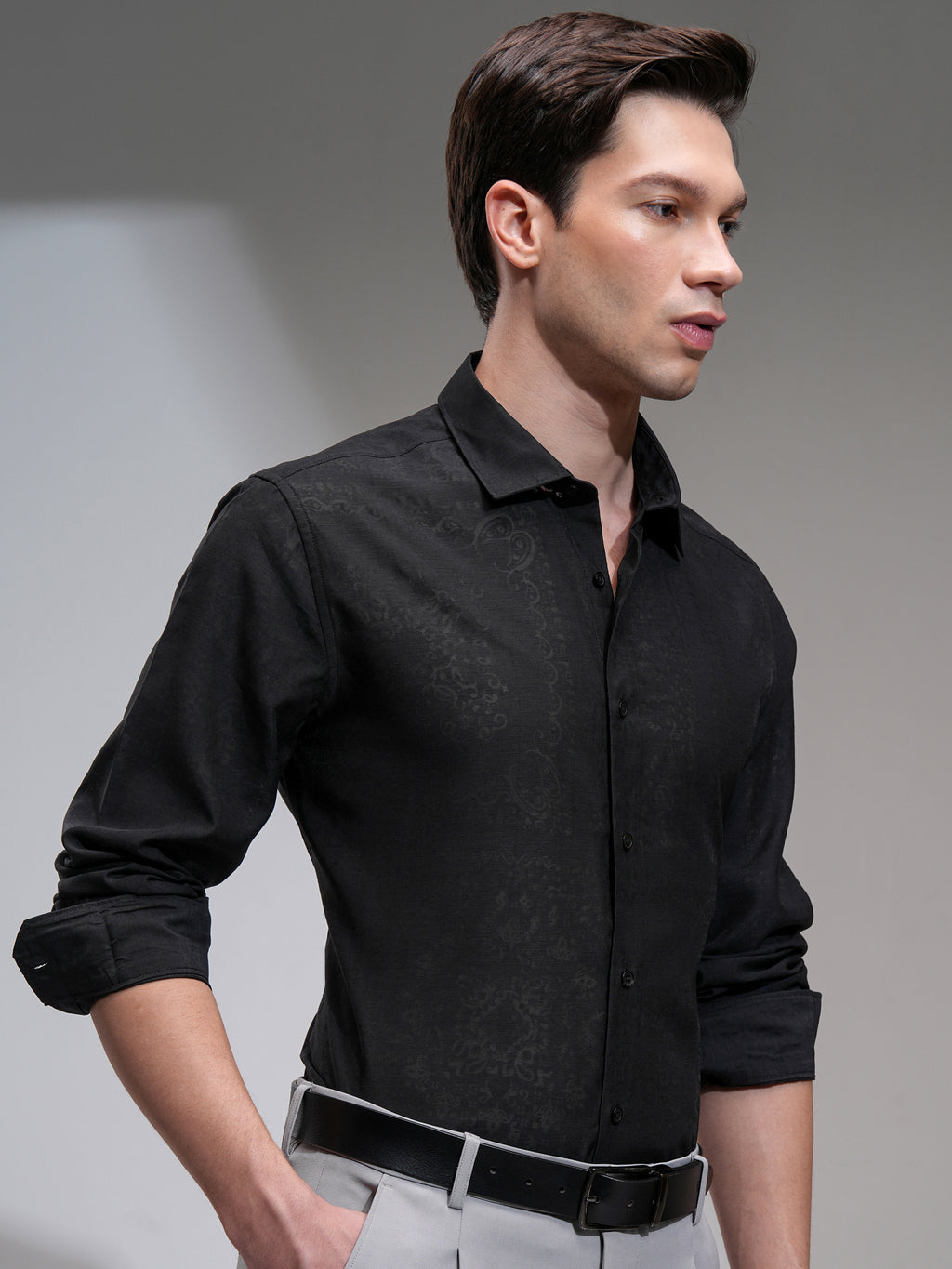 Highlander Men Black Self Design Slim Fit Casual Shirt - Black - Image 6