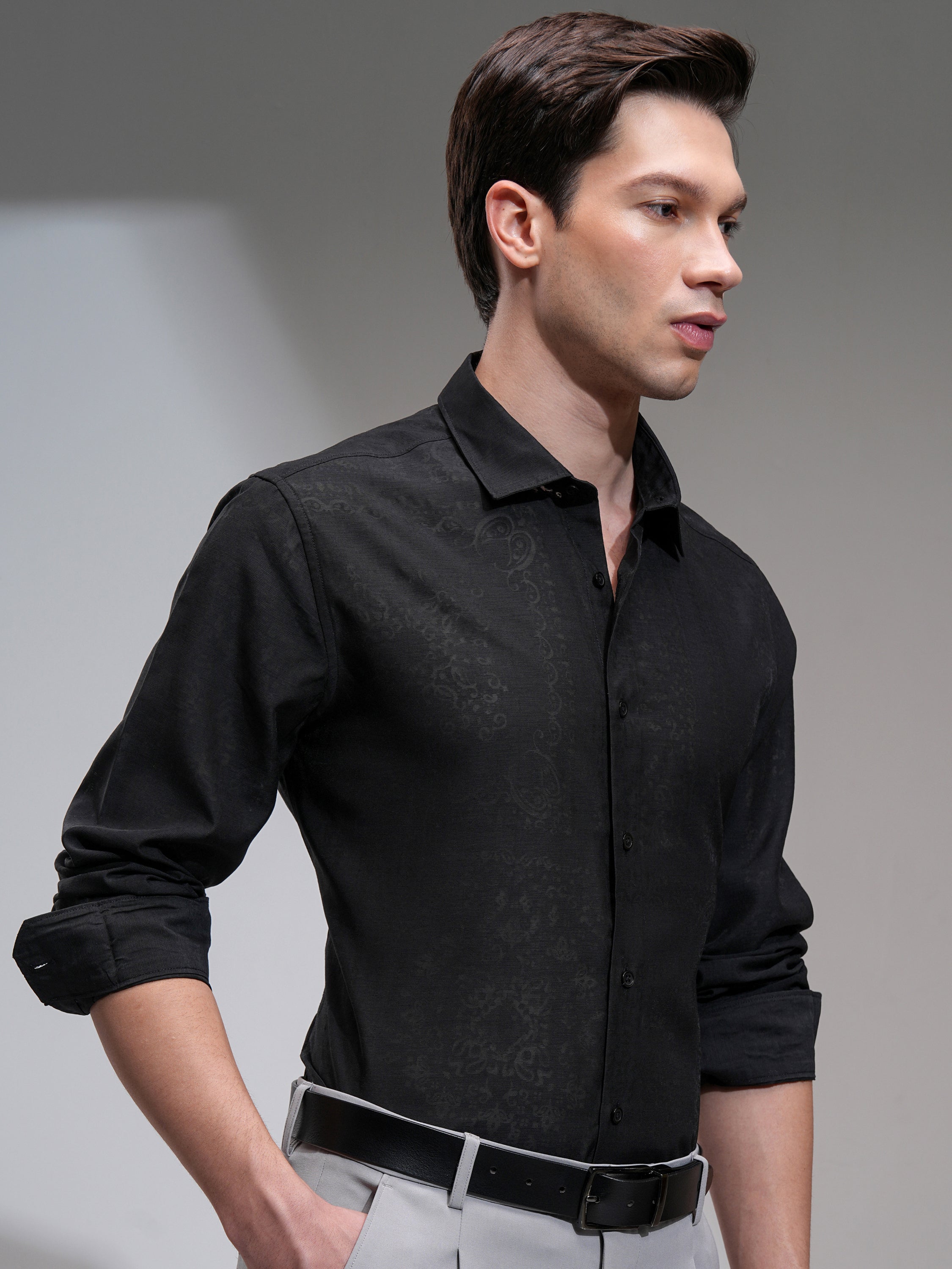 Highlander Men Black Self Design Slim Fit Casual Shirt - Black - Image 6