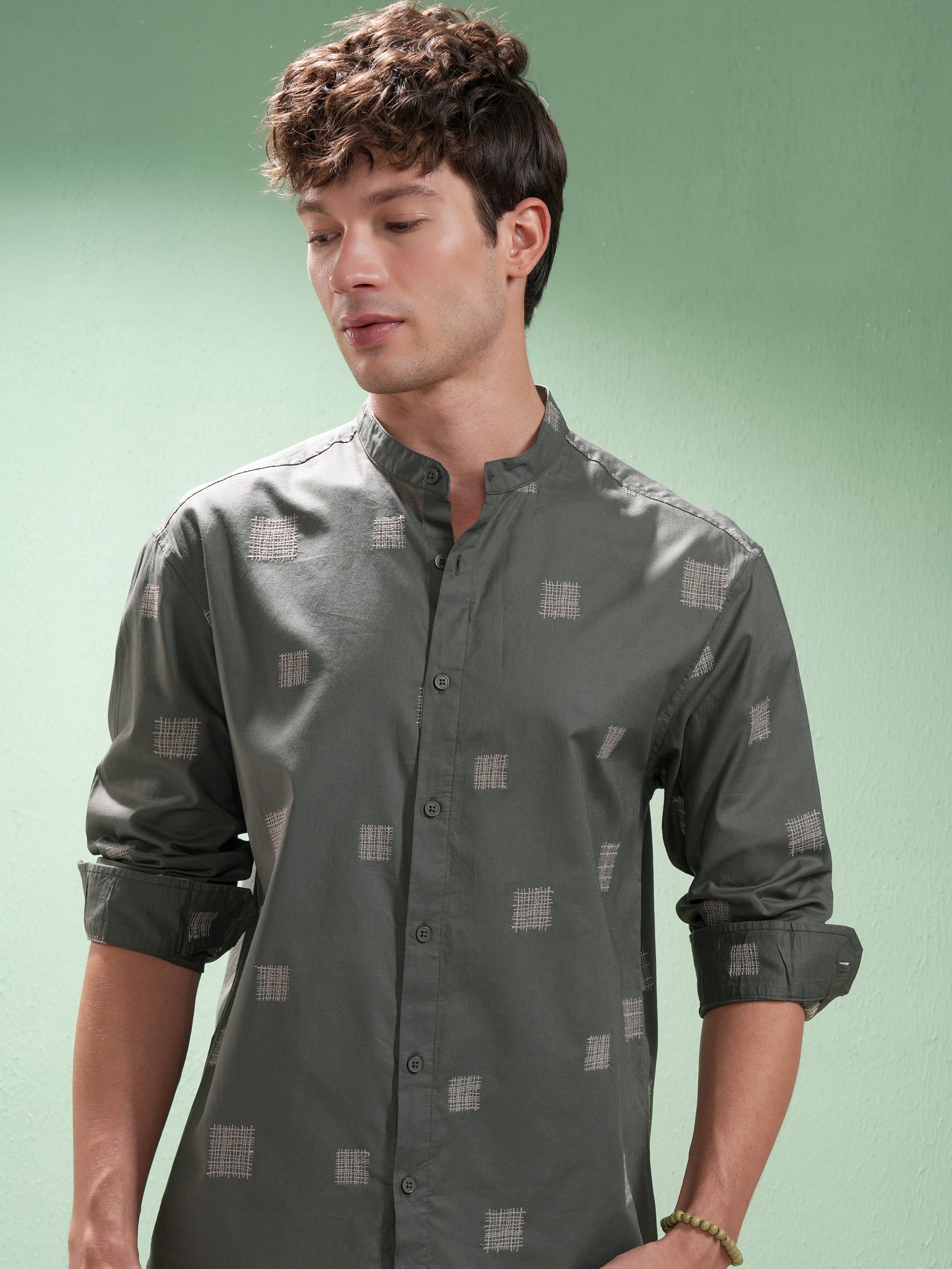 Highlander Men Olive Embroidered Relaxed Fit Casual Shirt - Olive - Image 1