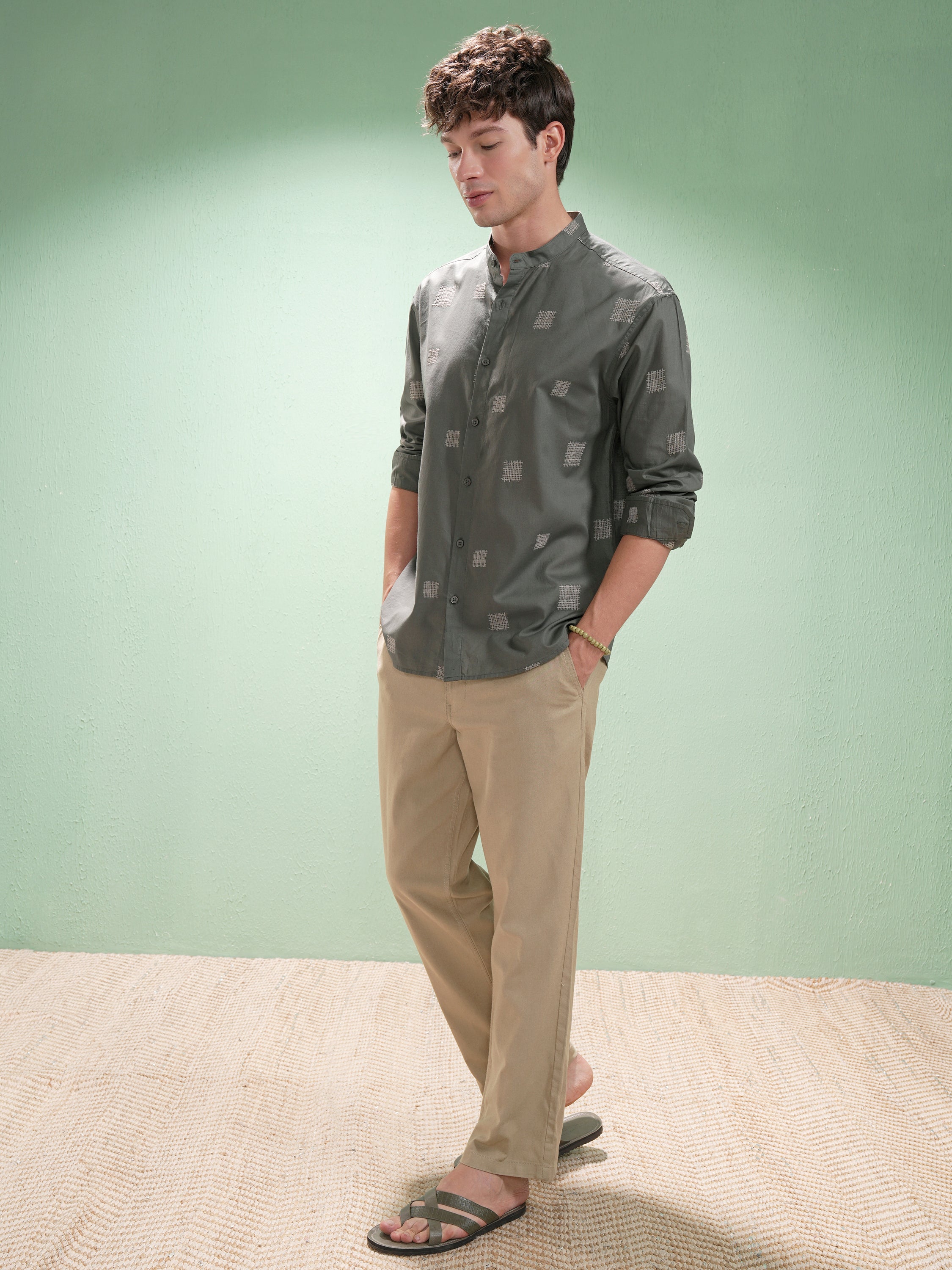 Highlander Men Olive Embroidered Relaxed Fit Casual Shirt - Olive - Image 2
