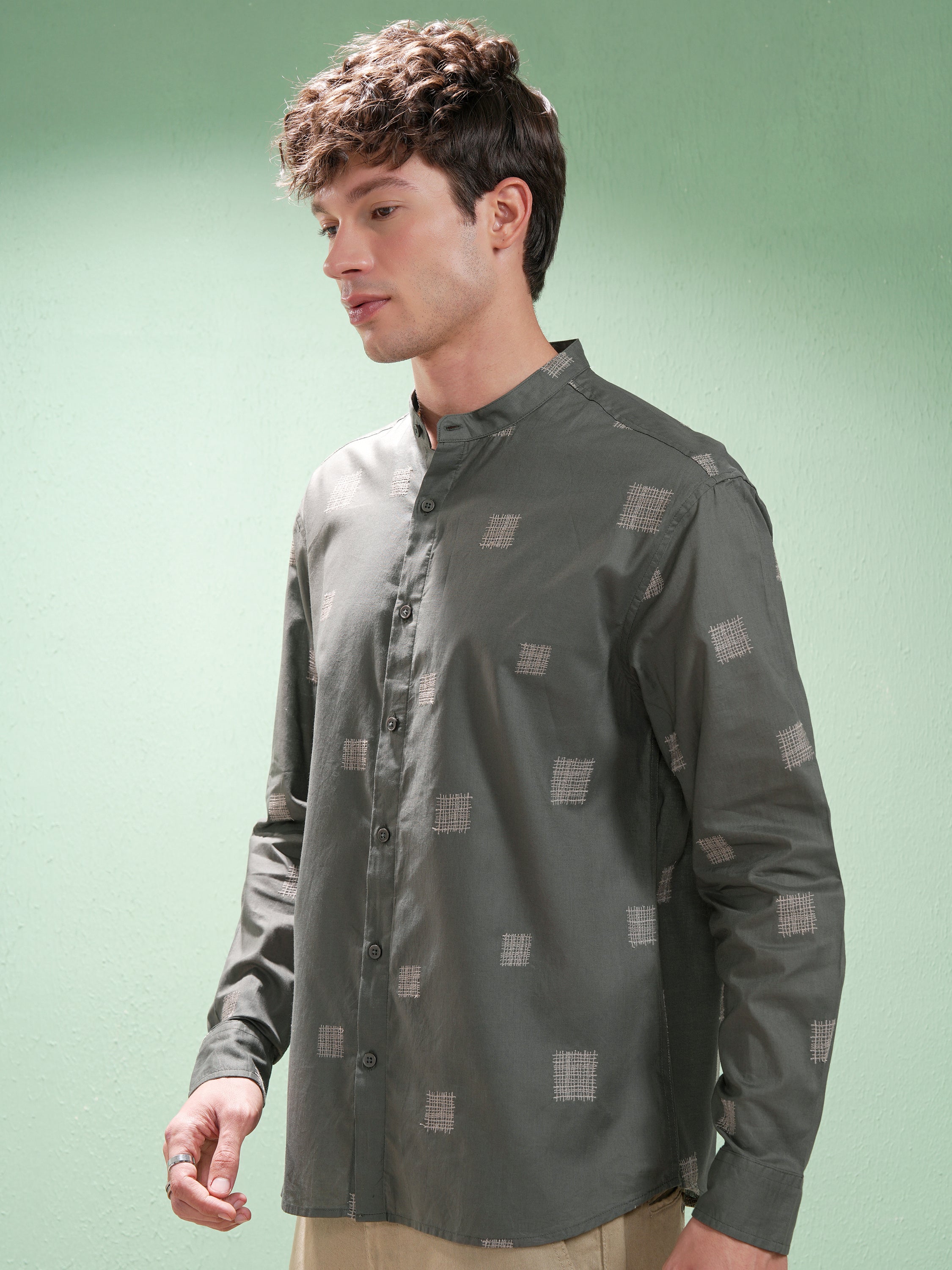 Highlander Men Olive Embroidered Relaxed Fit Casual Shirt - Olive - Image 4
