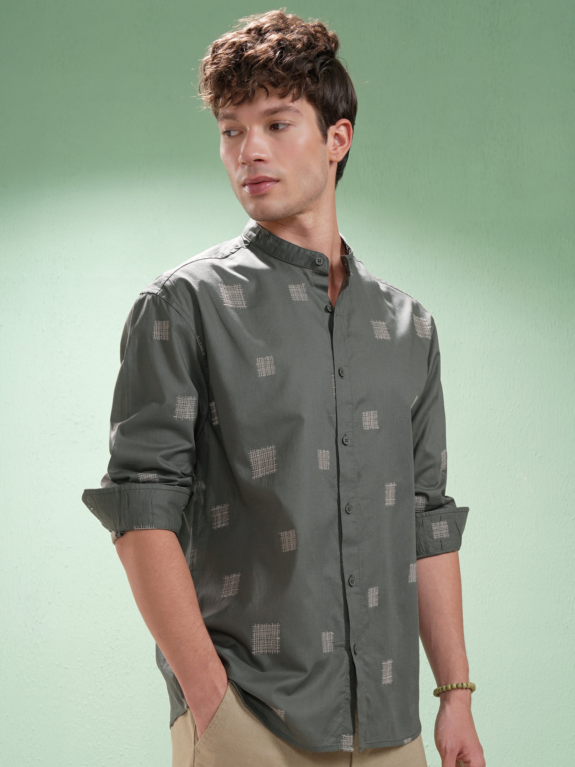 Highlander Men Olive Embroidered Relaxed Fit Casual Shirt - Olive - Image 6