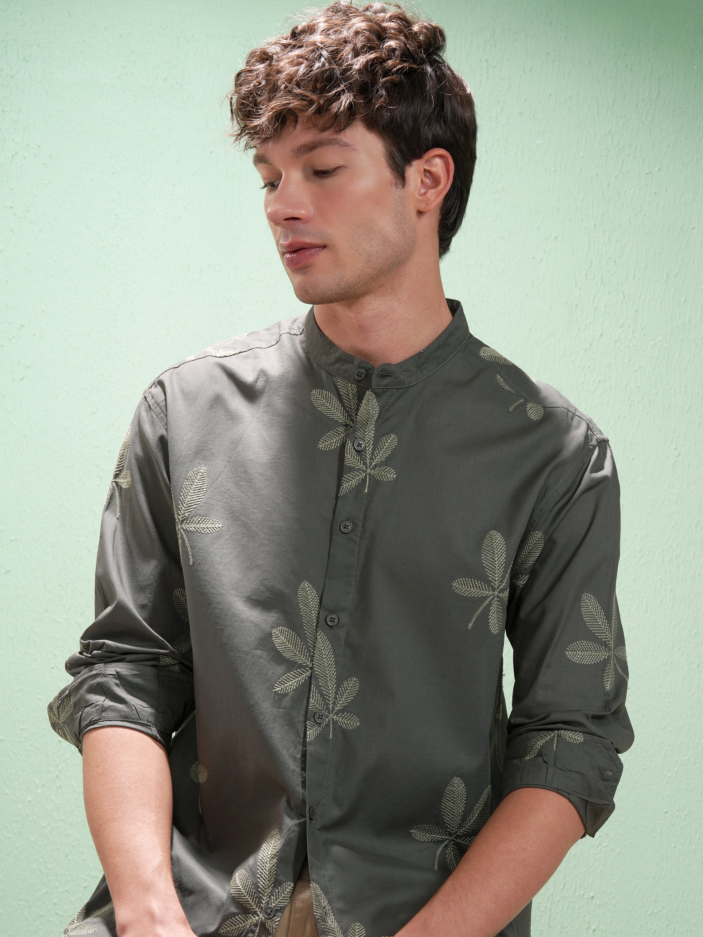 Highlander Men Olive Embroidered Relaxed Fit Casual Shirt - Olive - Image 1
