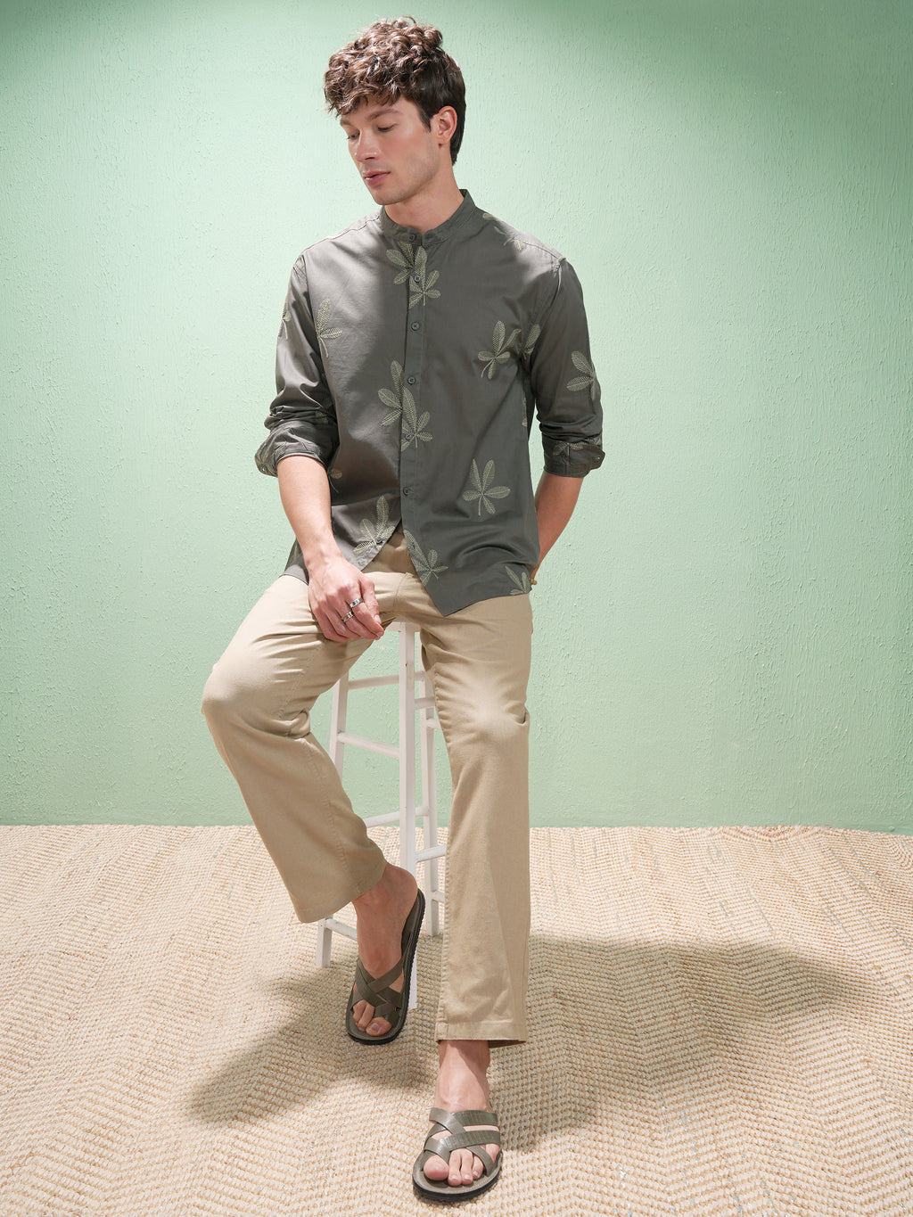 Highlander Men Olive Embroidered Relaxed Fit Casual Shirt - Olive - Image 2