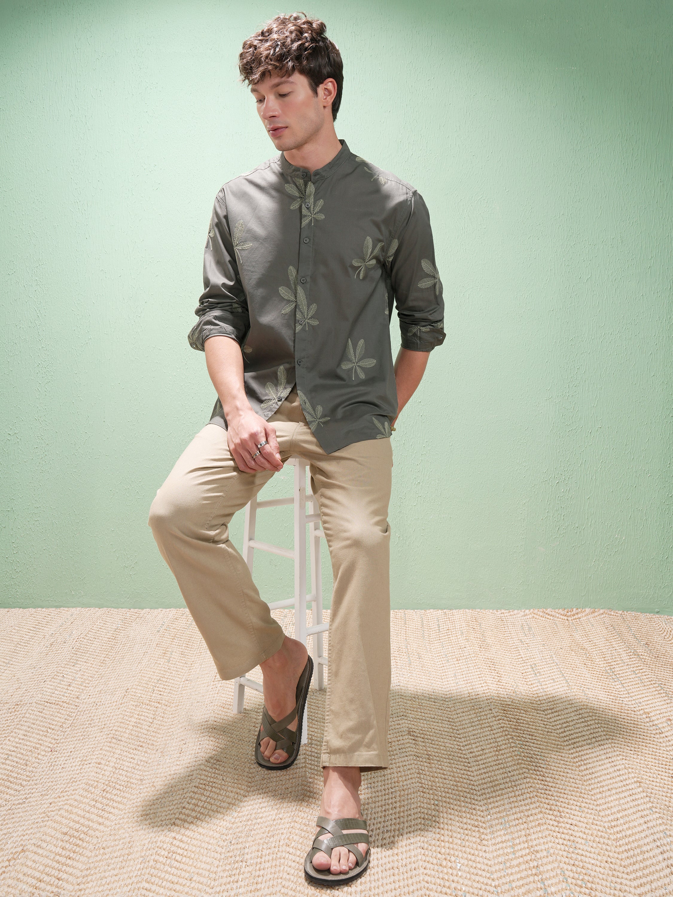 Highlander Men Olive Embroidered Relaxed Fit Casual Shirt - Olive - Image 2