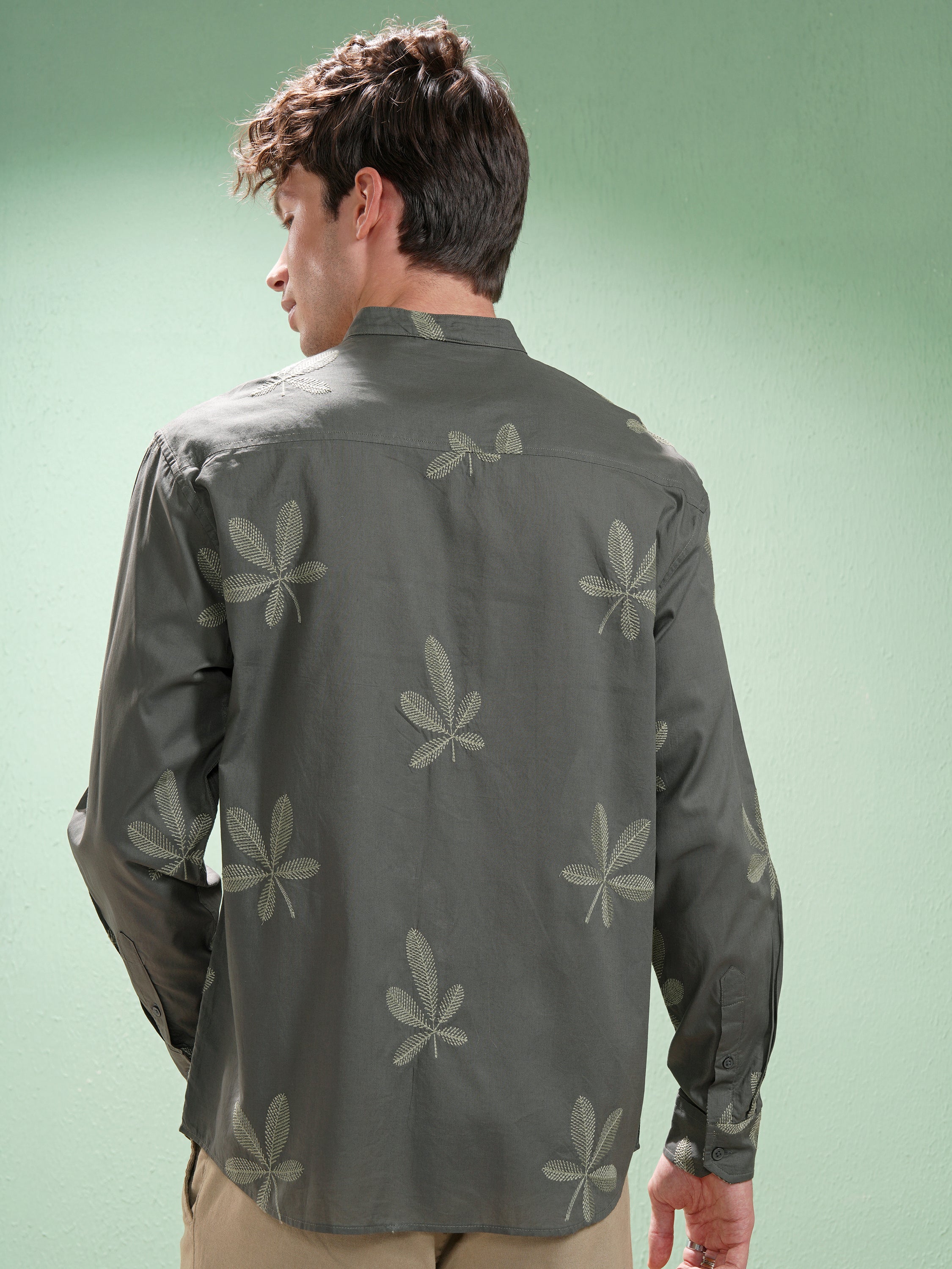 Highlander Men Olive Embroidered Relaxed Fit Casual Shirt - Olive - Image 3