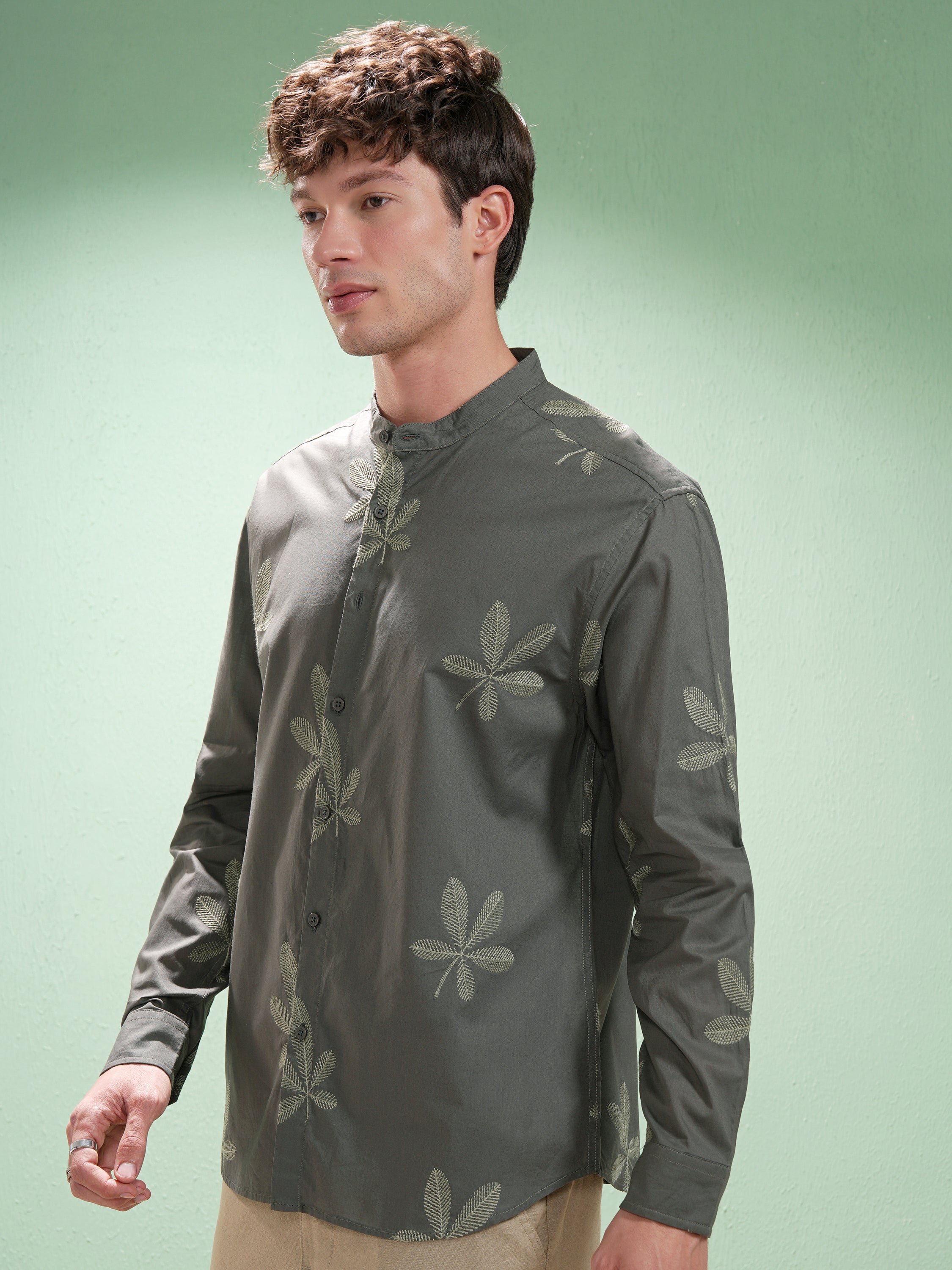Highlander Men Olive Embroidered Relaxed Fit Casual Shirt - Olive - Image 4