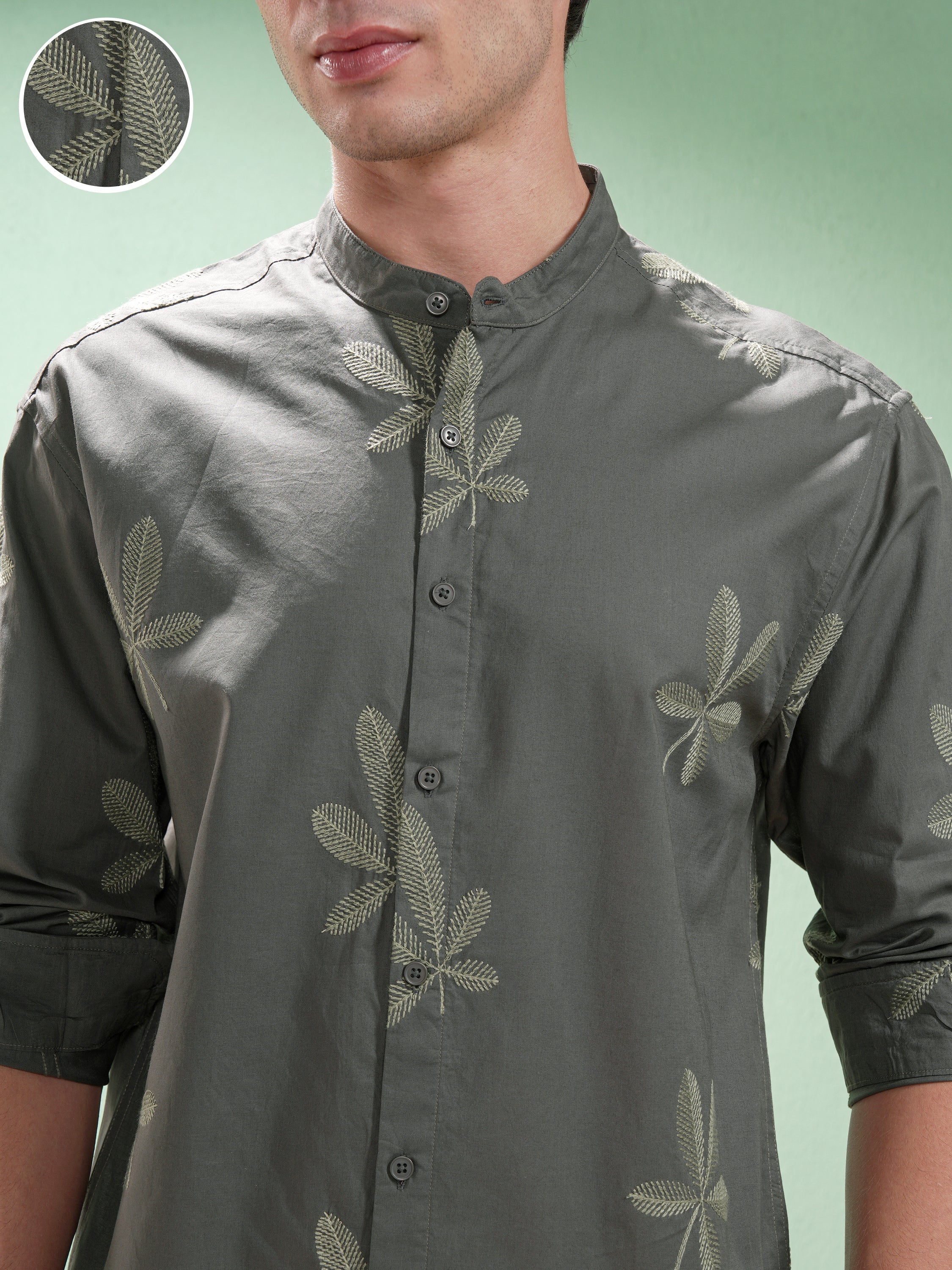 Highlander Men Olive Embroidered Relaxed Fit Casual Shirt - Olive - Image 5