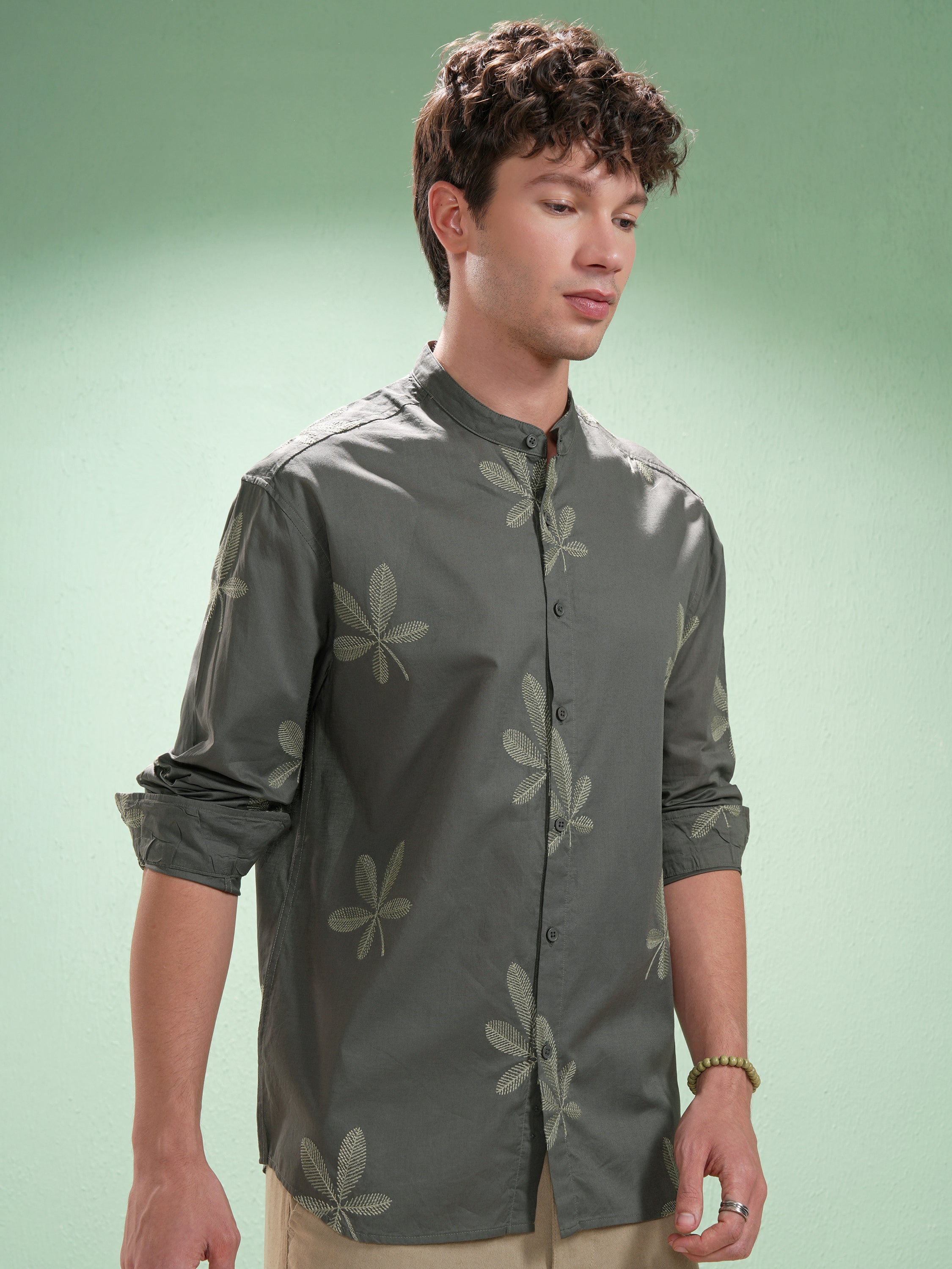 Highlander Men Olive Embroidered Relaxed Fit Casual Shirt - Olive - Image 6