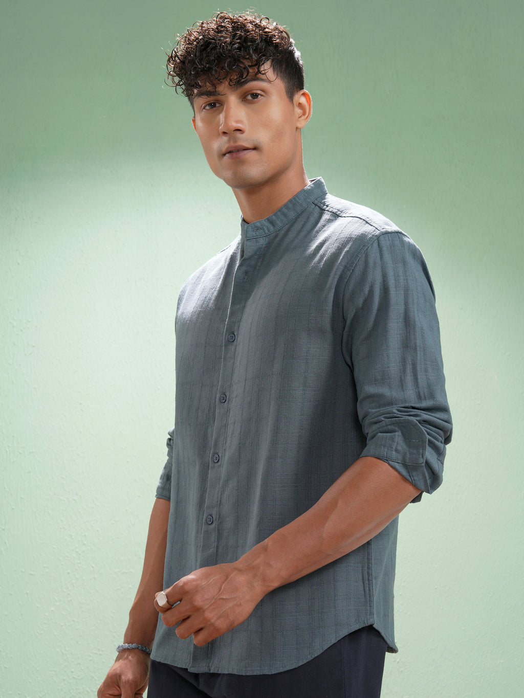 Highlander Men Blue Self Design Relaxed Fit Casual Shirt - Blue - Image 4
