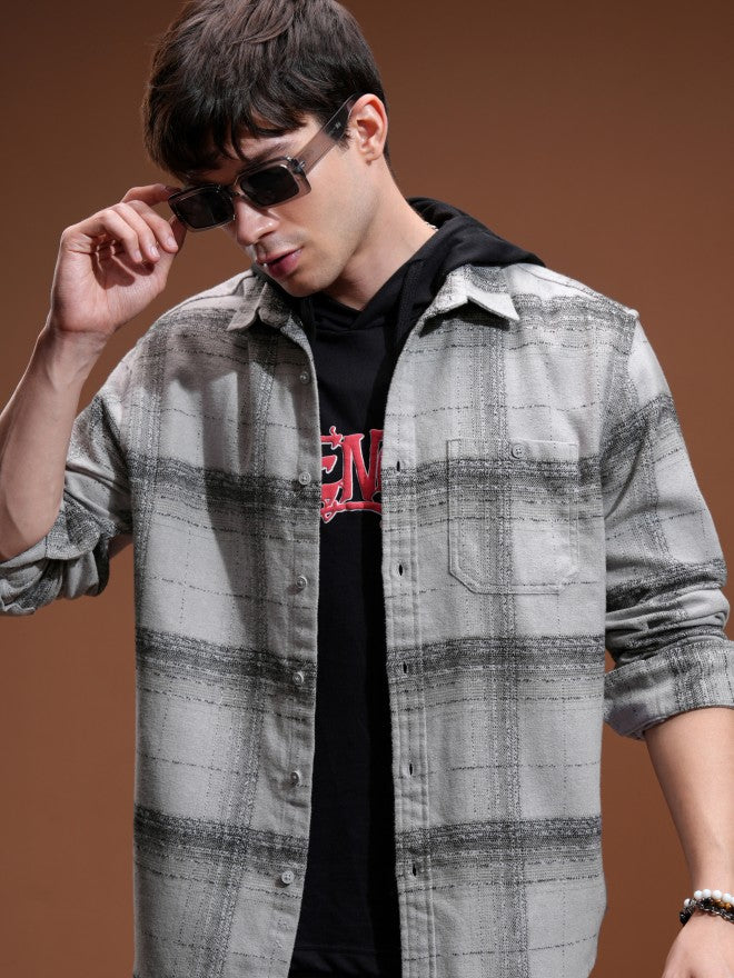 Highlander Men Grey Checked Relaxed Fit Casual Shirt - Grey - Image 1