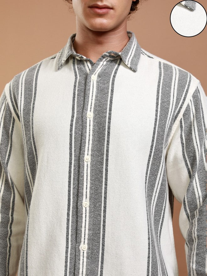 Highlander Men Off White Striped Relaxed Fit Casual Shirt - Off White - Image 5
