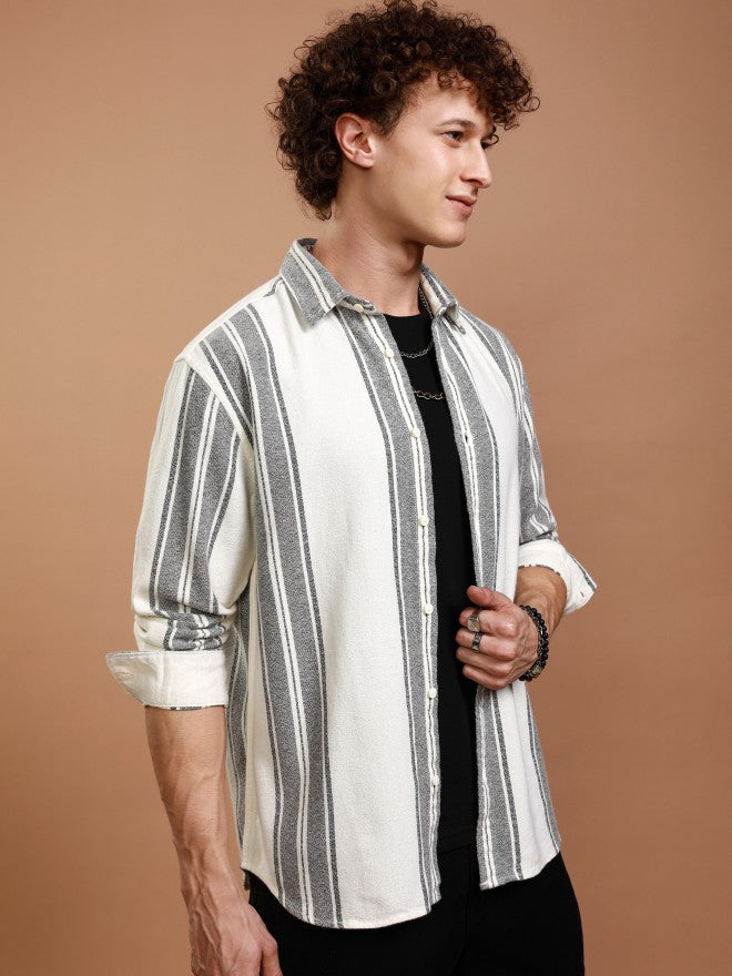 Highlander Men Off White Striped Relaxed Fit Casual Shirt - Off White - Image 6