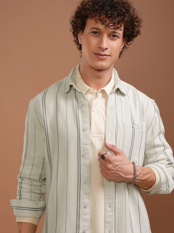 Highlander Men Off White Striped Relaxed Fit Casual Shirt - Off White - Image 1