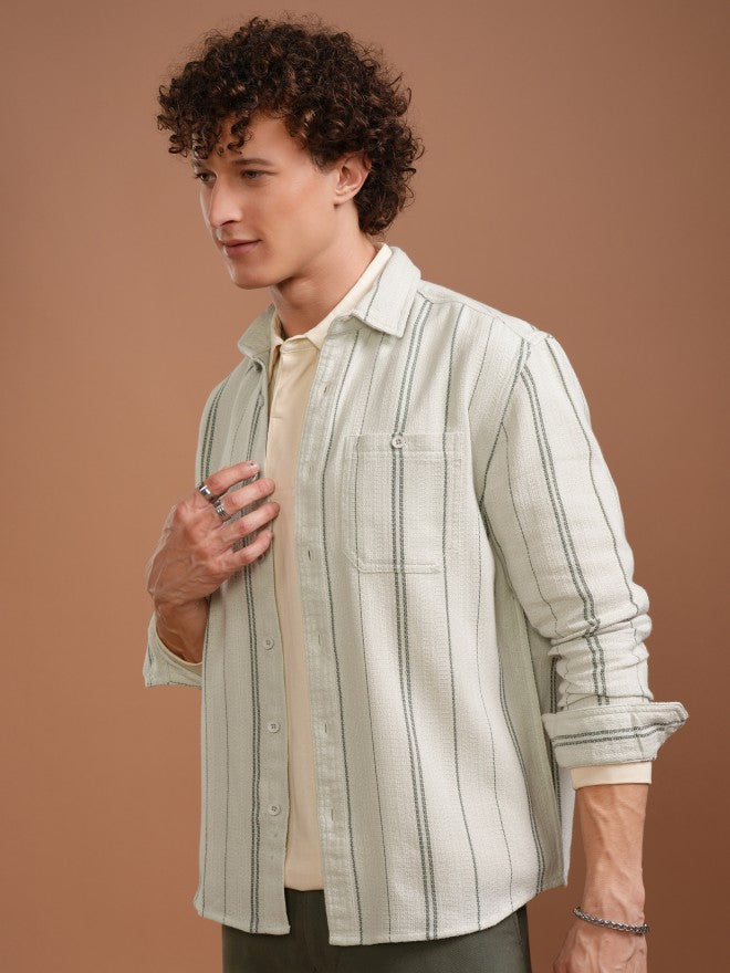 Highlander Men Off White Striped Relaxed Fit Casual Shirt - Off White - Image 4