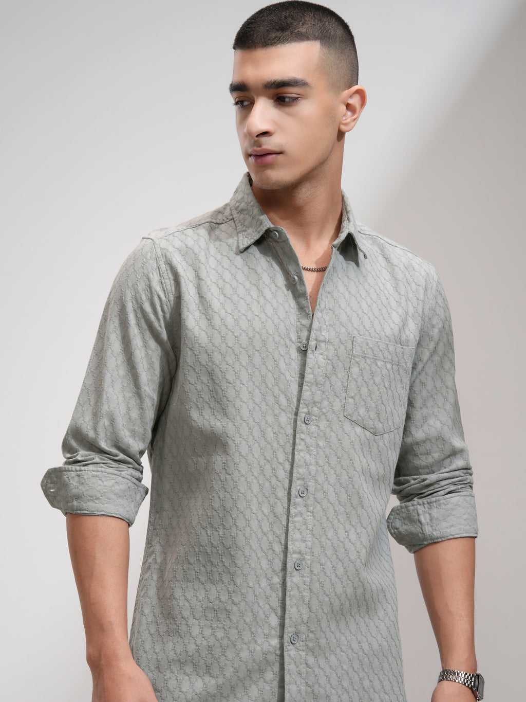 Highlander Men Grey Textured Slim Fit Casual Shirt - Grey - Image 1
