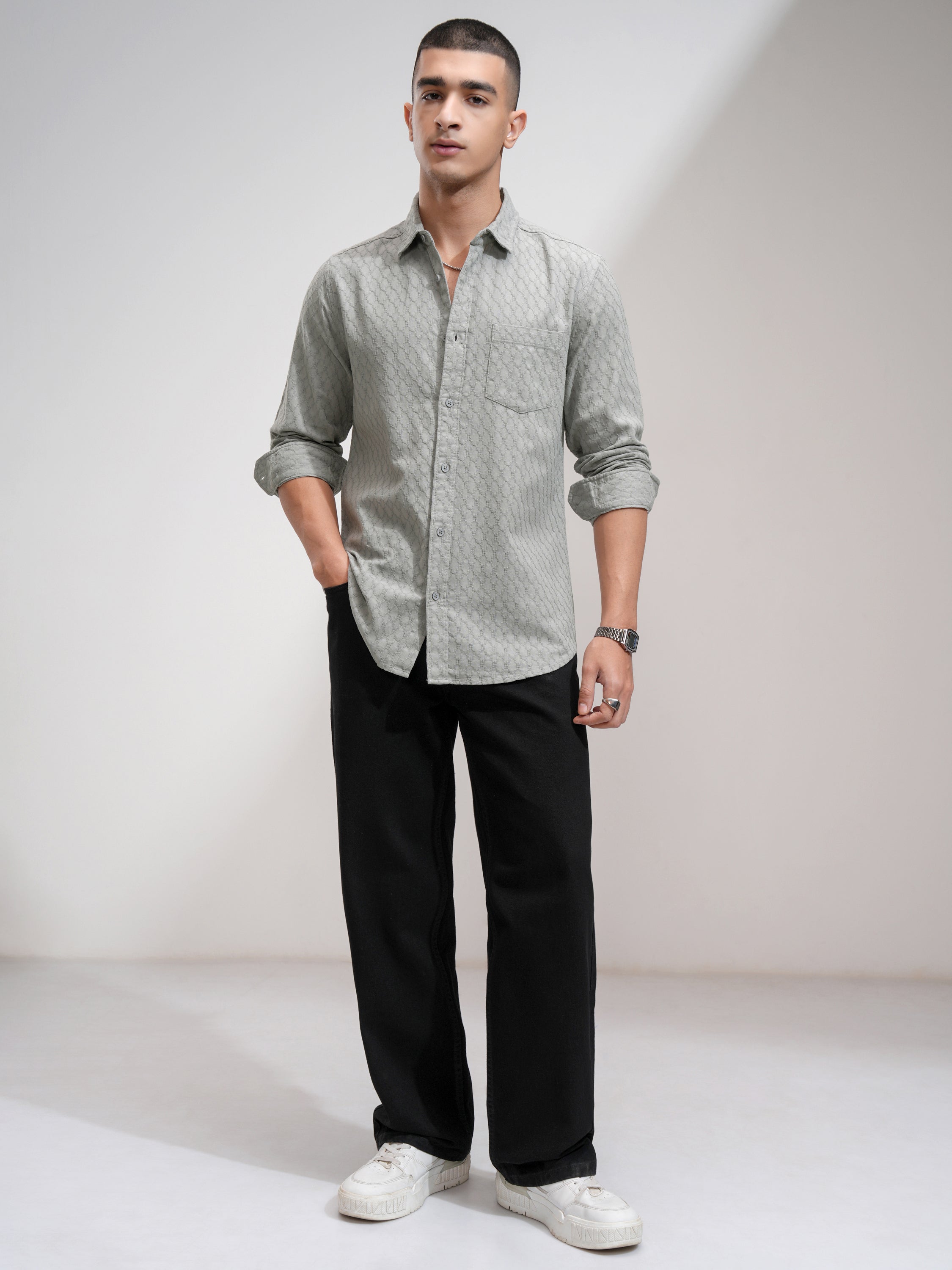 Highlander Men Grey Textured Slim Fit Casual Shirt - Grey - Image 2