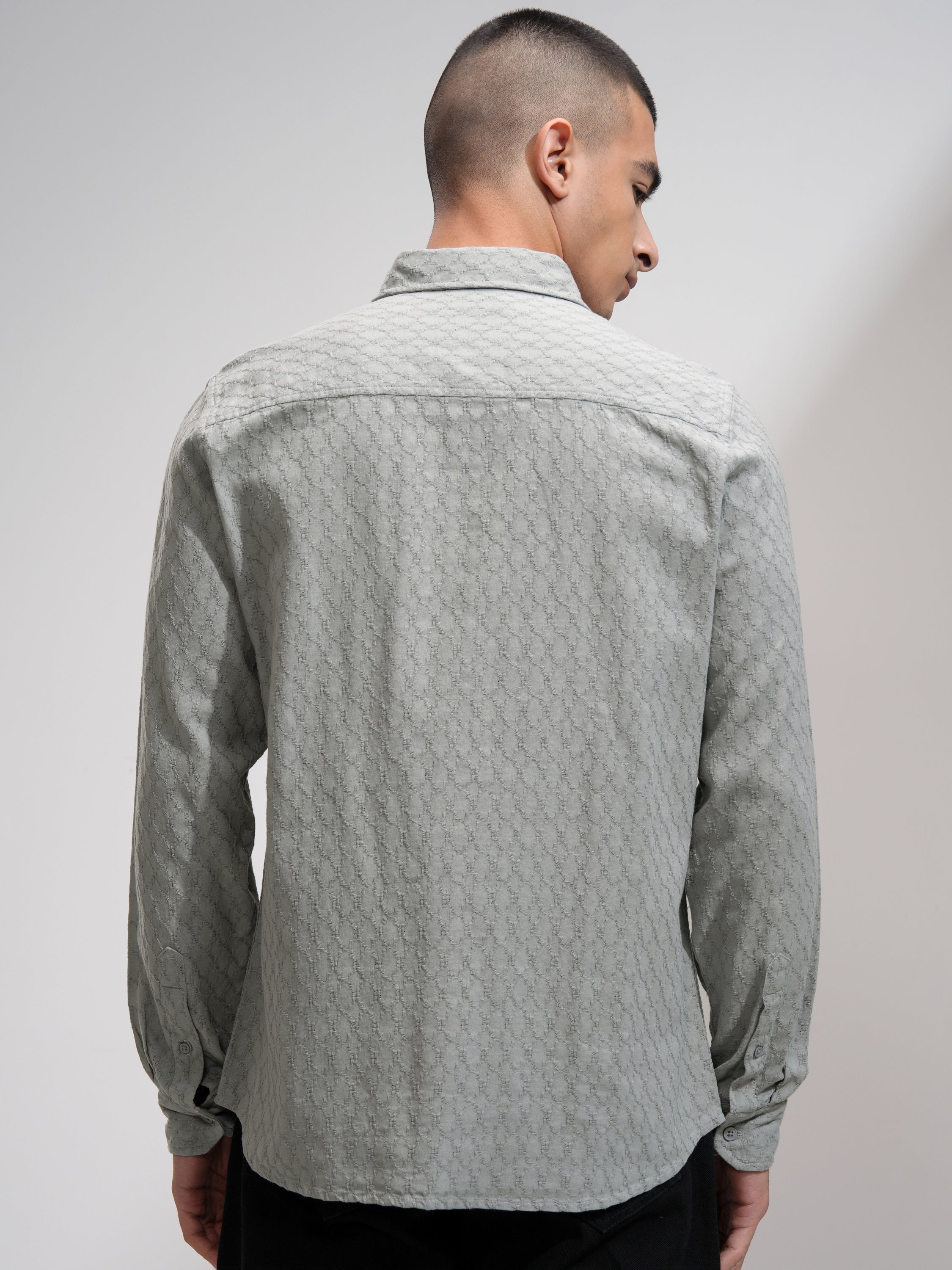 Highlander Men Grey Textured Slim Fit Casual Shirt - Grey - Image 3
