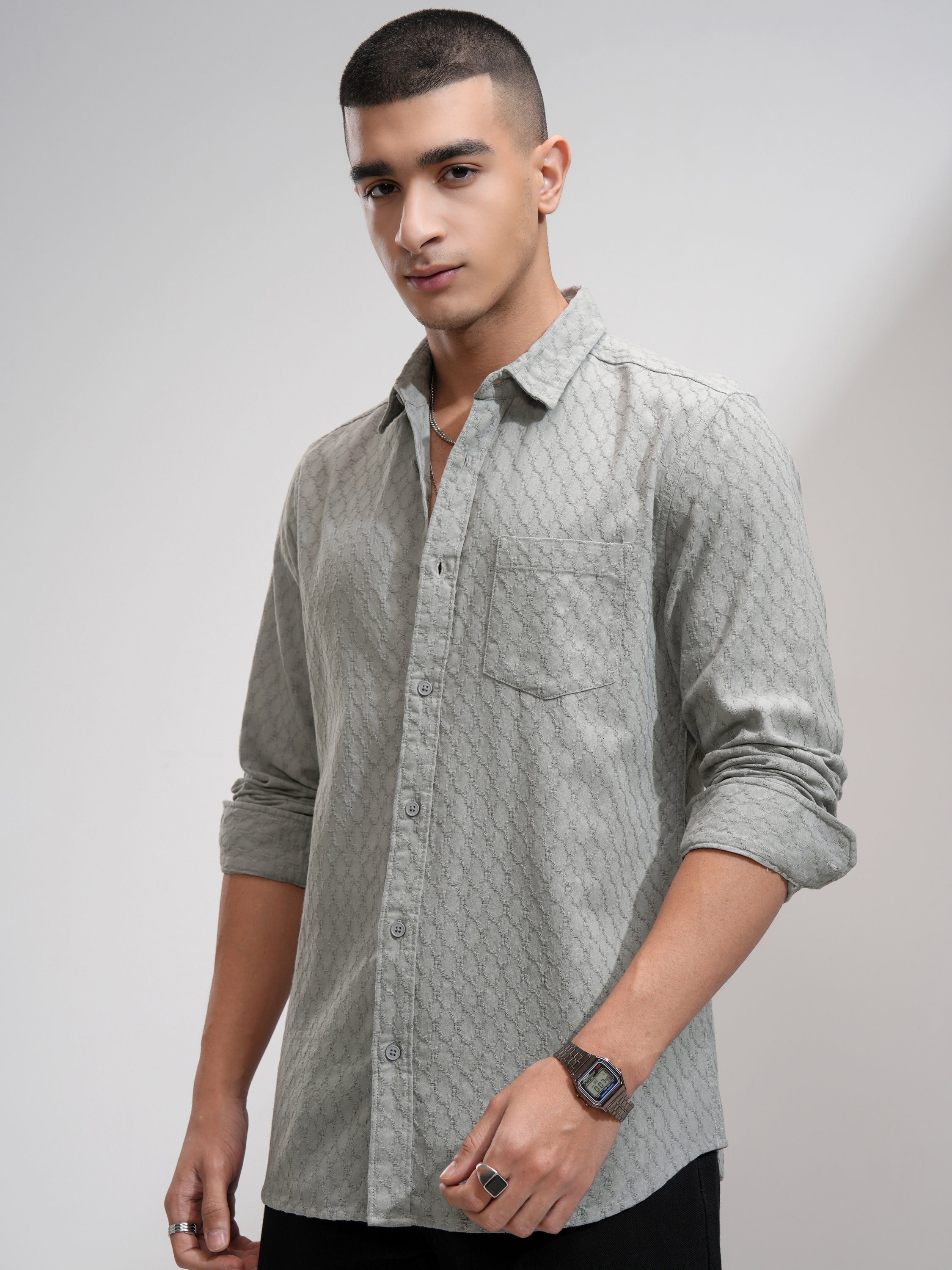 Highlander Men Grey Textured Slim Fit Casual Shirt - Grey - Image 4